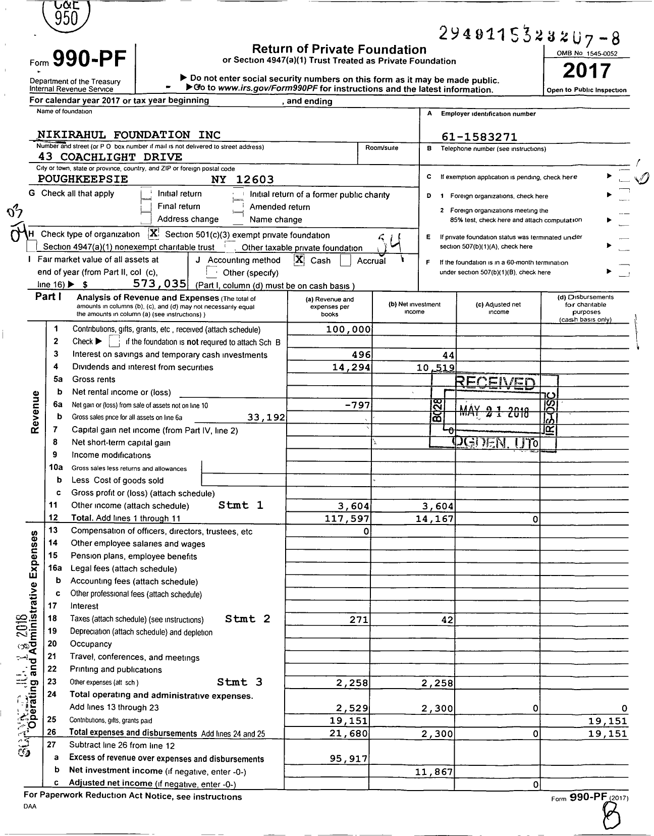 Image of first page of 2017 Form 990PF for Nikirahul Foundation