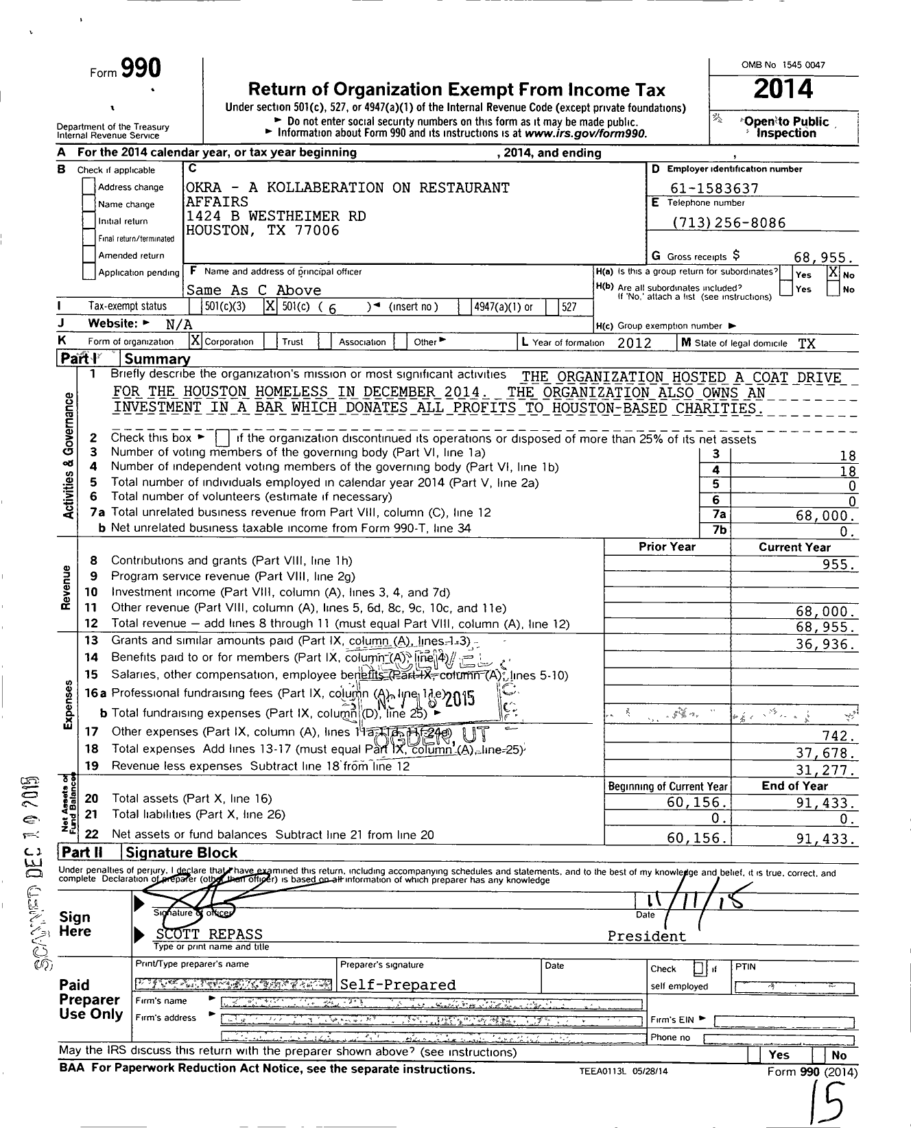 Image of first page of 2014 Form 990O for Okra An Organized Kollaboration on Restaurant Affairs