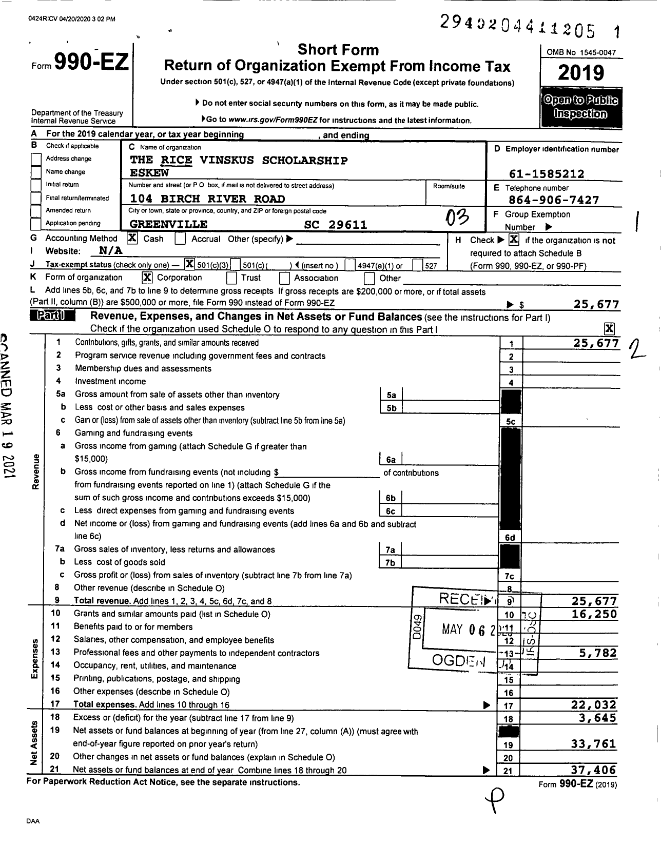 Image of first page of 2019 Form 990EZ for The Rice Vinskus Scholarhip Eskew