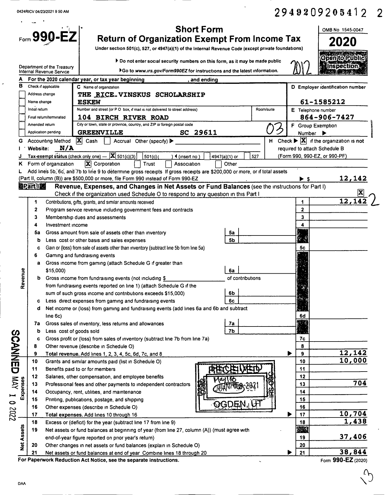 Image of first page of 2020 Form 990EZ for The Rice Vinskus Scholarhip Eskew