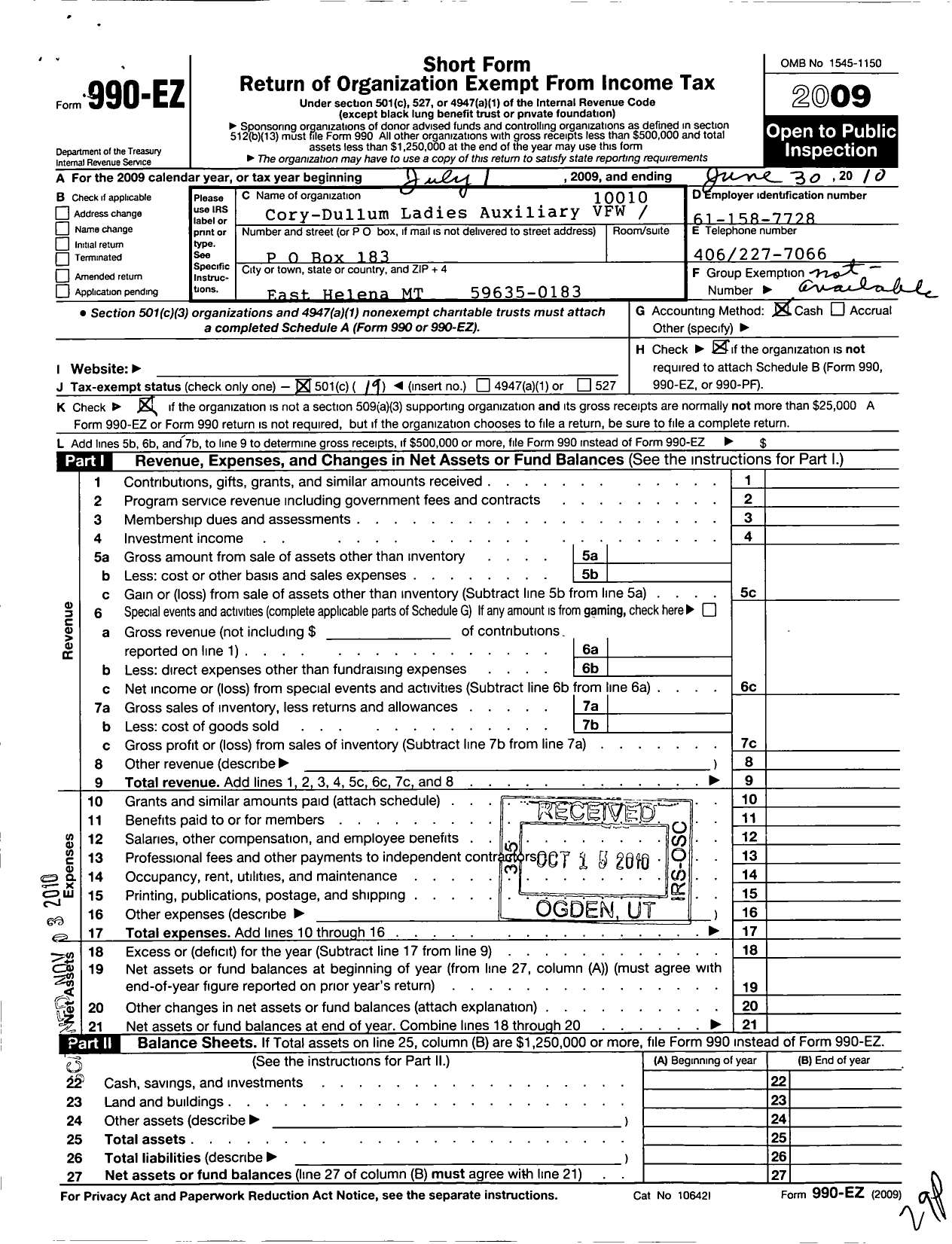 Image of first page of 2009 Form 990EO for Veterans of Foreign Wars of the United States Auxiliary Department - 10010 Cory-Dullum