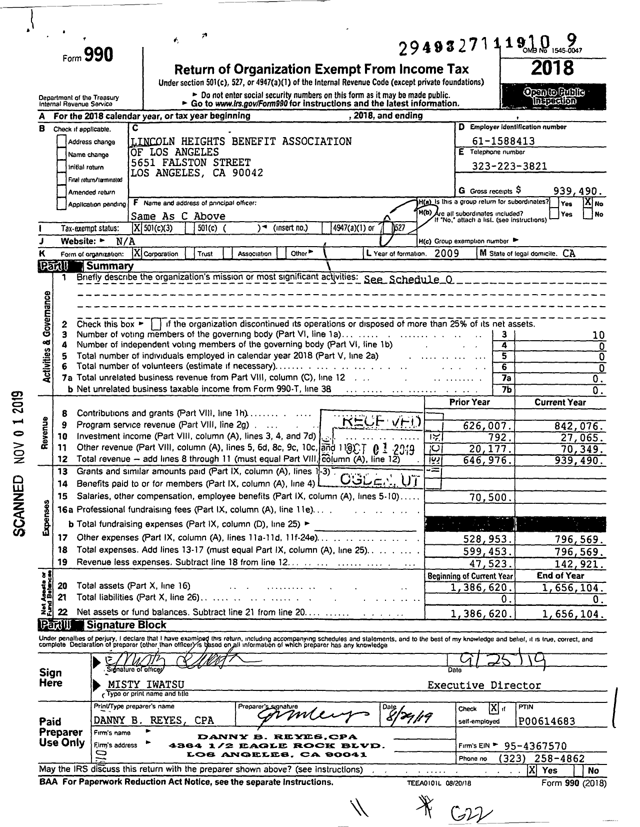 Image of first page of 2018 Form 990 for Lincoln Heights Benefit Association of Los Angeles