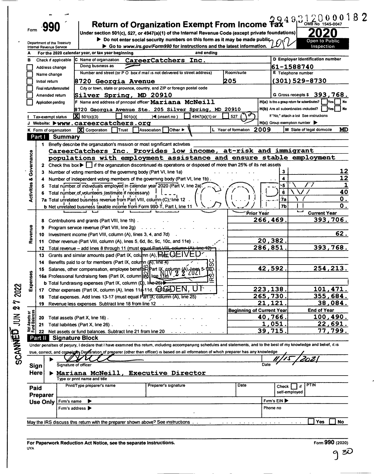 Image of first page of 2020 Form 990 for CareerCatchers