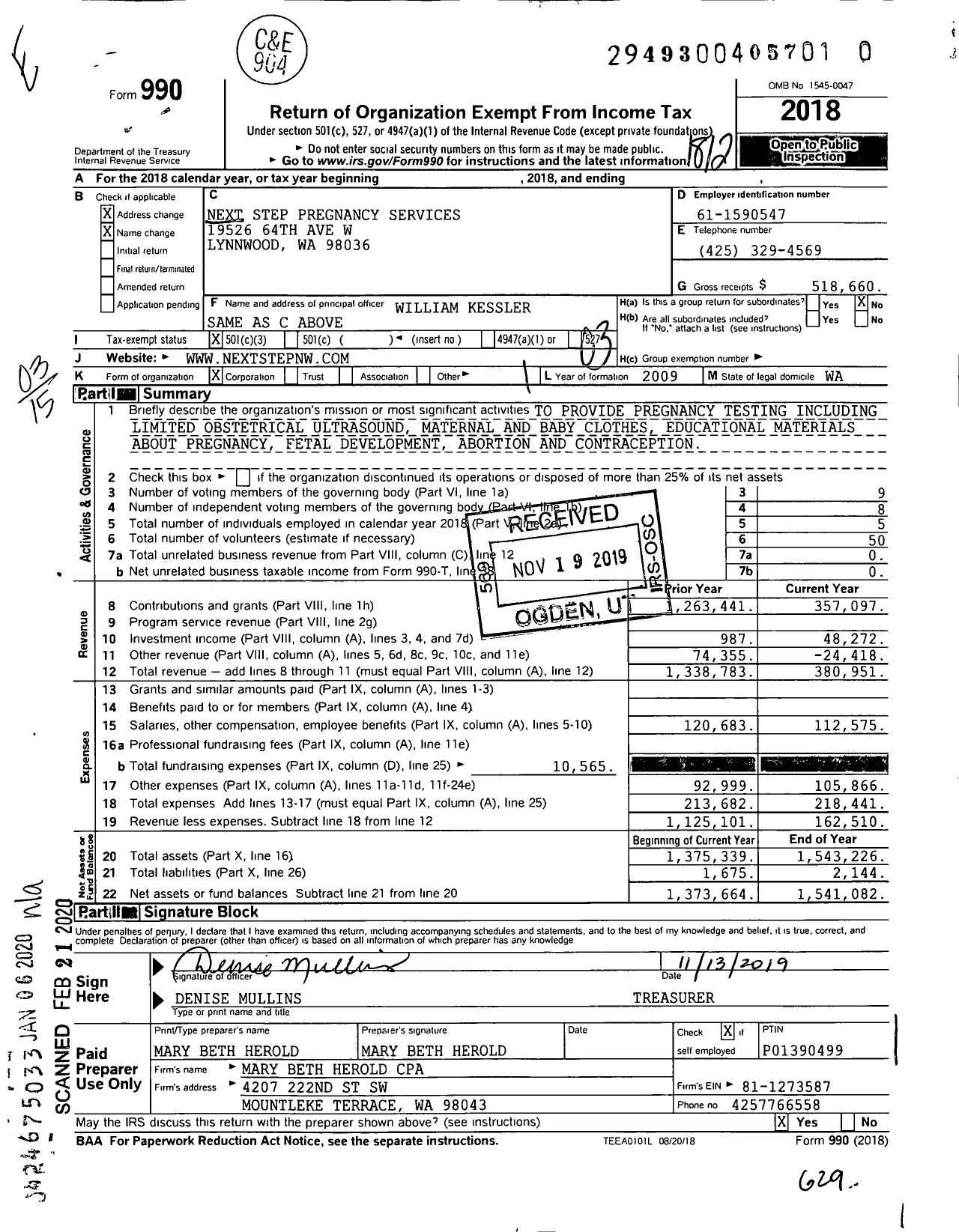 Image of first page of 2018 Form 990 for Next Step Pregnancy Services