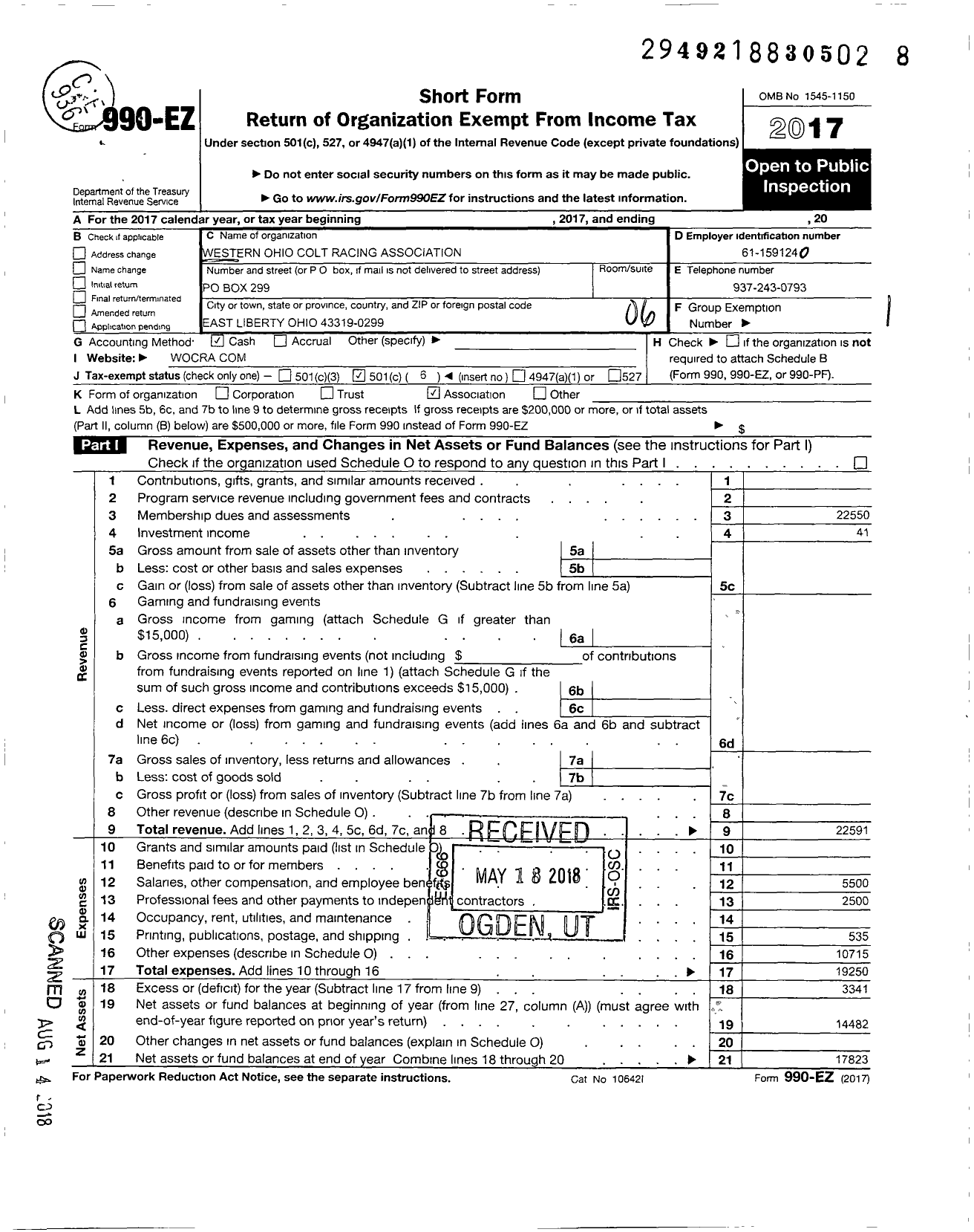 Image of first page of 2017 Form 990EO for Western Ohio Colt Racing Association