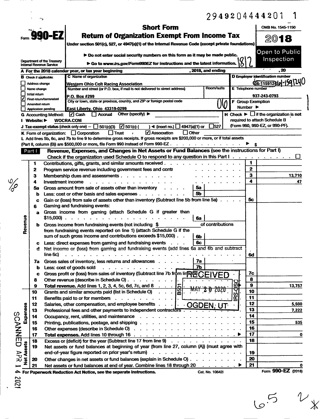 Image of first page of 2018 Form 990EO for Western Ohio Colt Racing Association