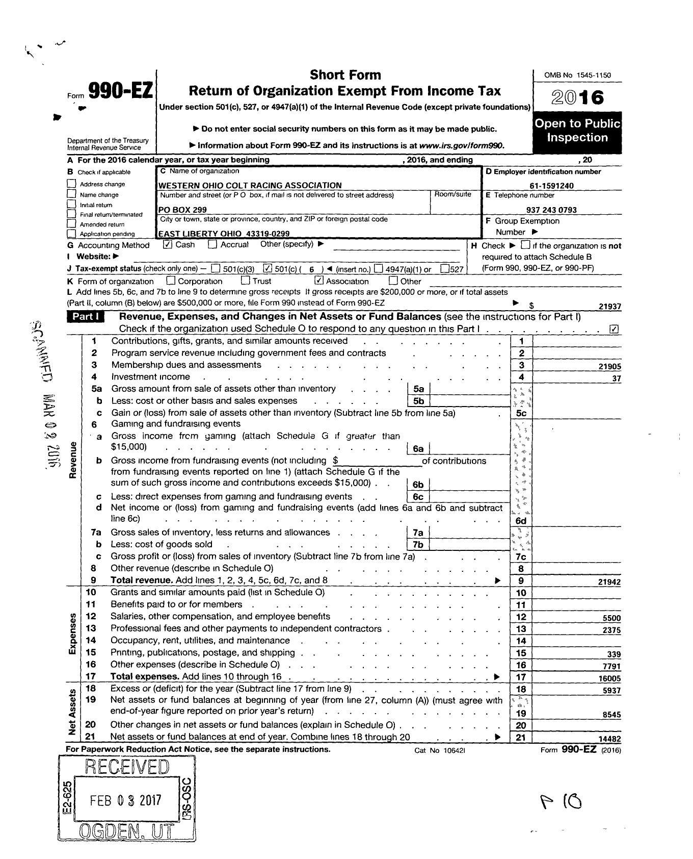 Image of first page of 2016 Form 990EO for Western Ohio Colt Racing Association