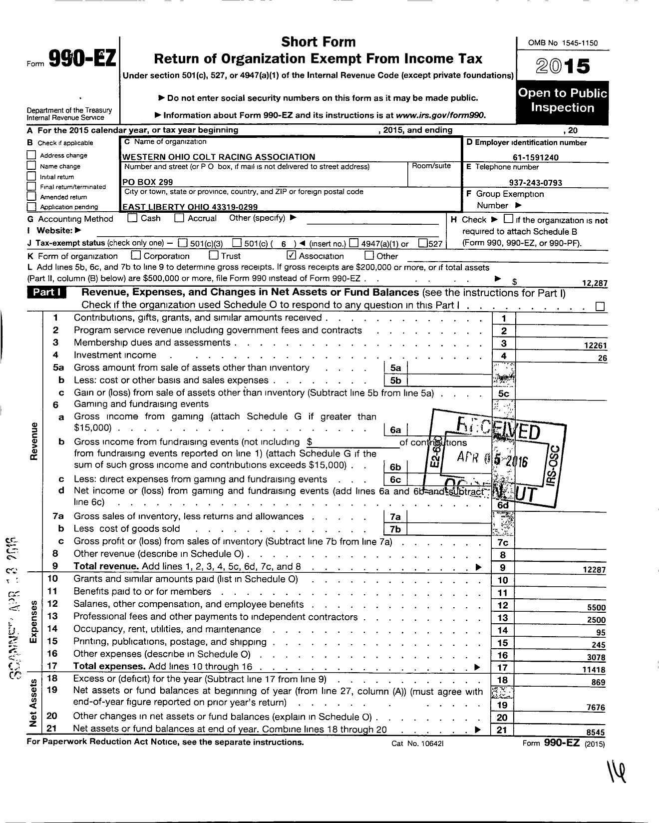 Image of first page of 2015 Form 990EO for Western Ohio Colt Racing Association