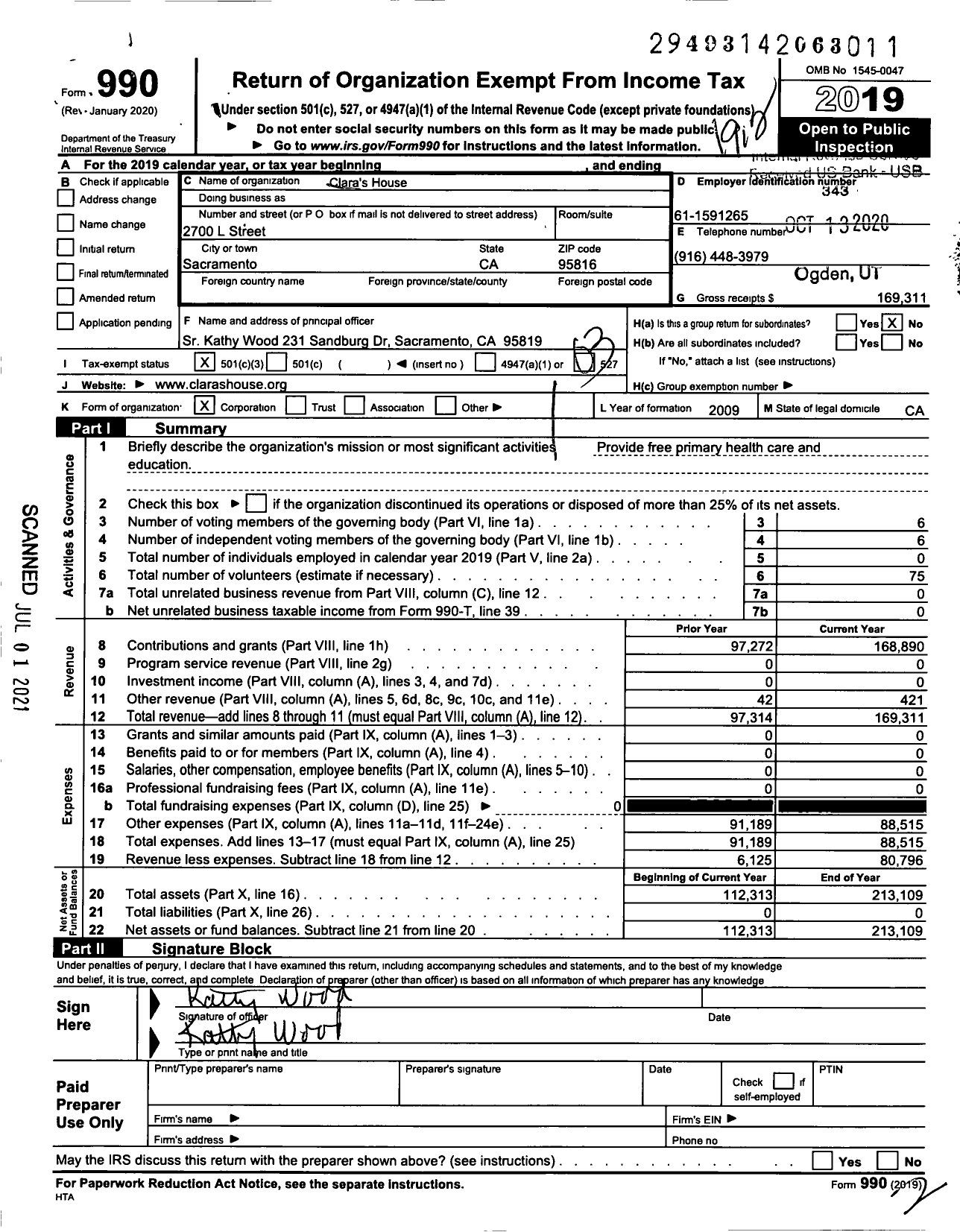 Image of first page of 2019 Form 990 for Claras House