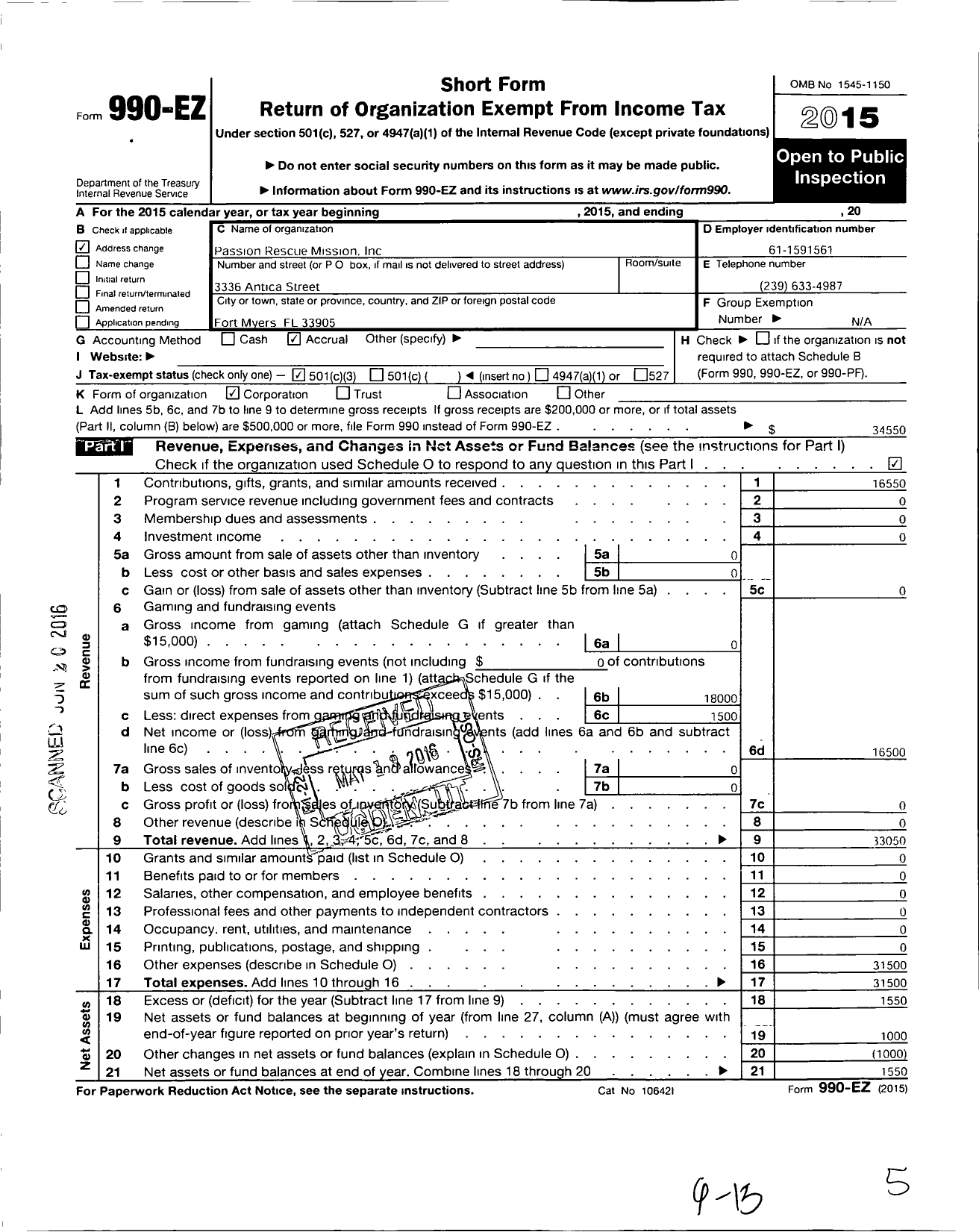 Image of first page of 2015 Form 990EZ for Passion Rescue Mission