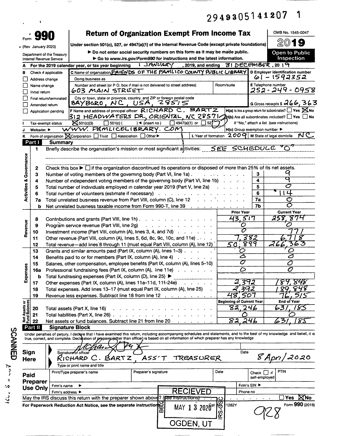 Image of first page of 2019 Form 990 for Friends of The Pamlico County Public Library