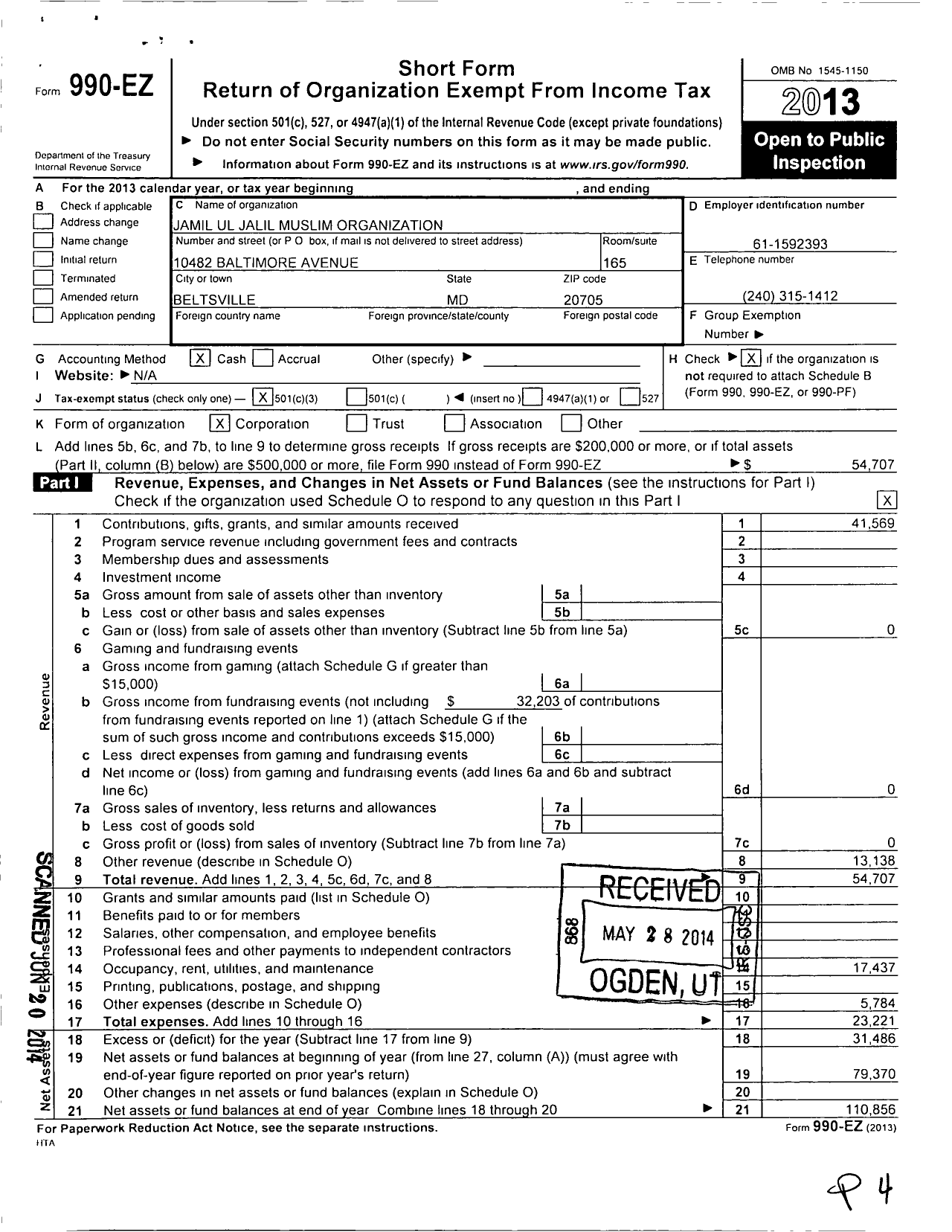 Image of first page of 2013 Form 990EZ for Jalil Cultural center