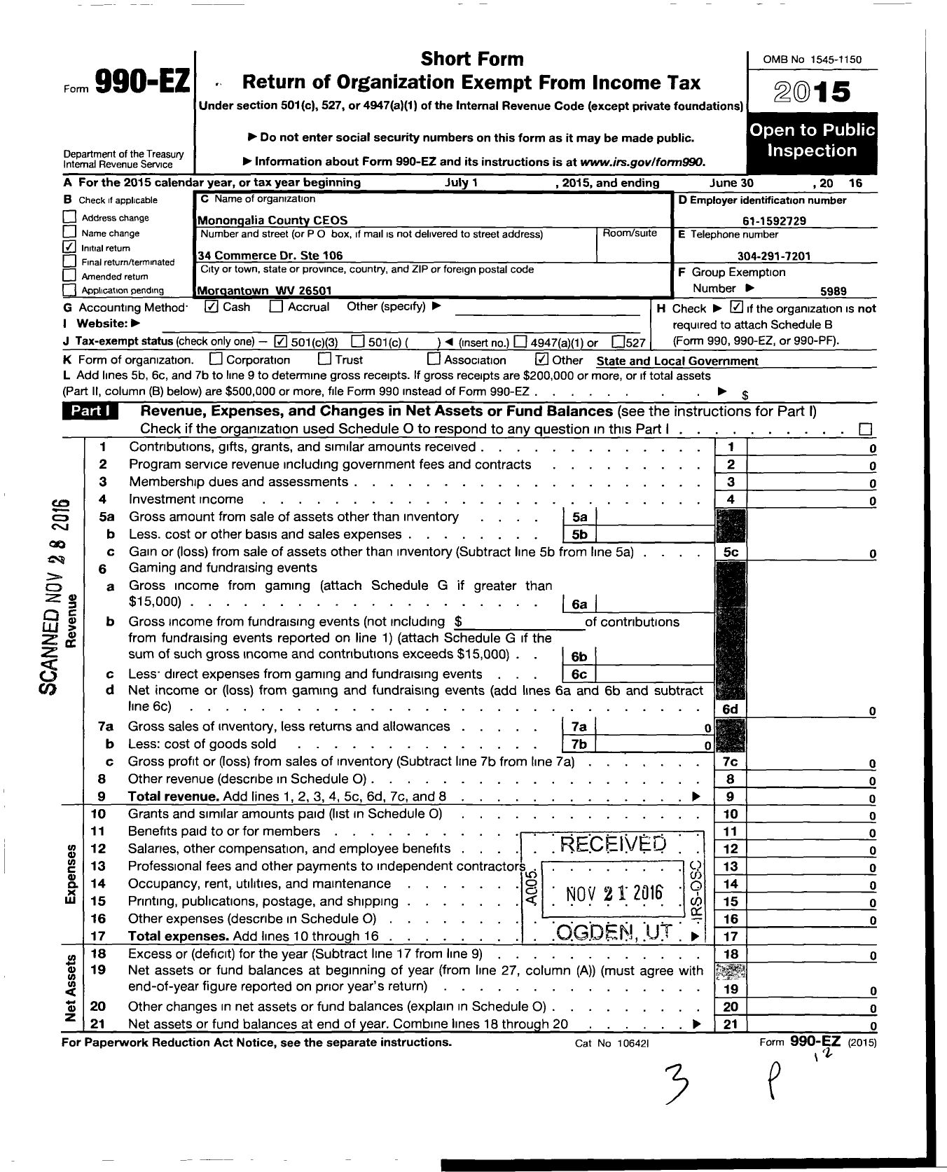 Image of first page of 2015 Form 990EZ for State of West Virginia West Virginia University / Monogalia County Ceos - Monogalia