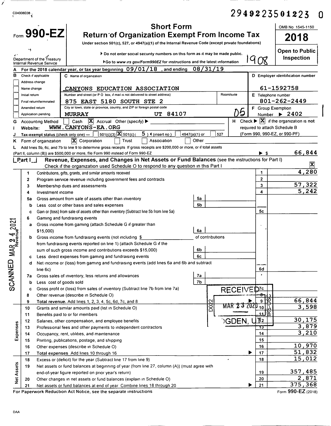 Image of first page of 2018 Form 990EO for Canyons Education Association