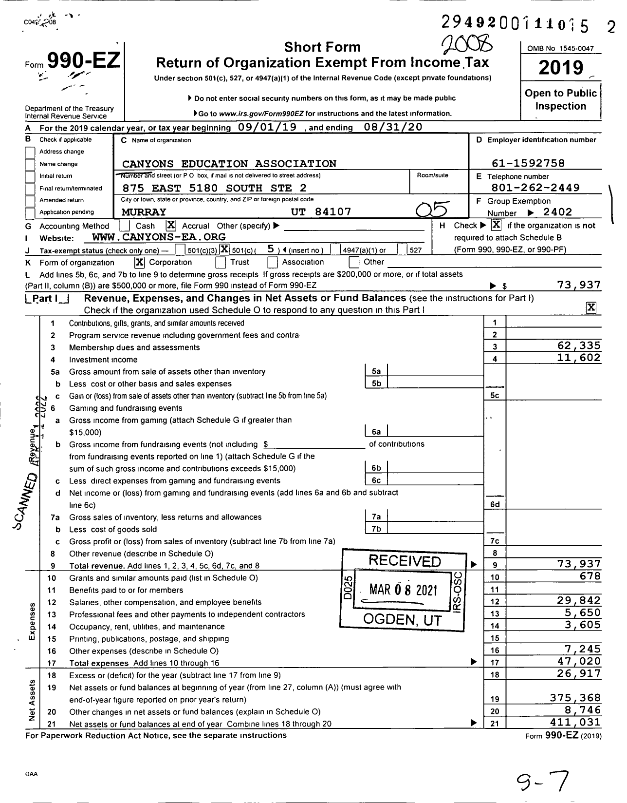 Image of first page of 2019 Form 990EO for Canyons Education Association