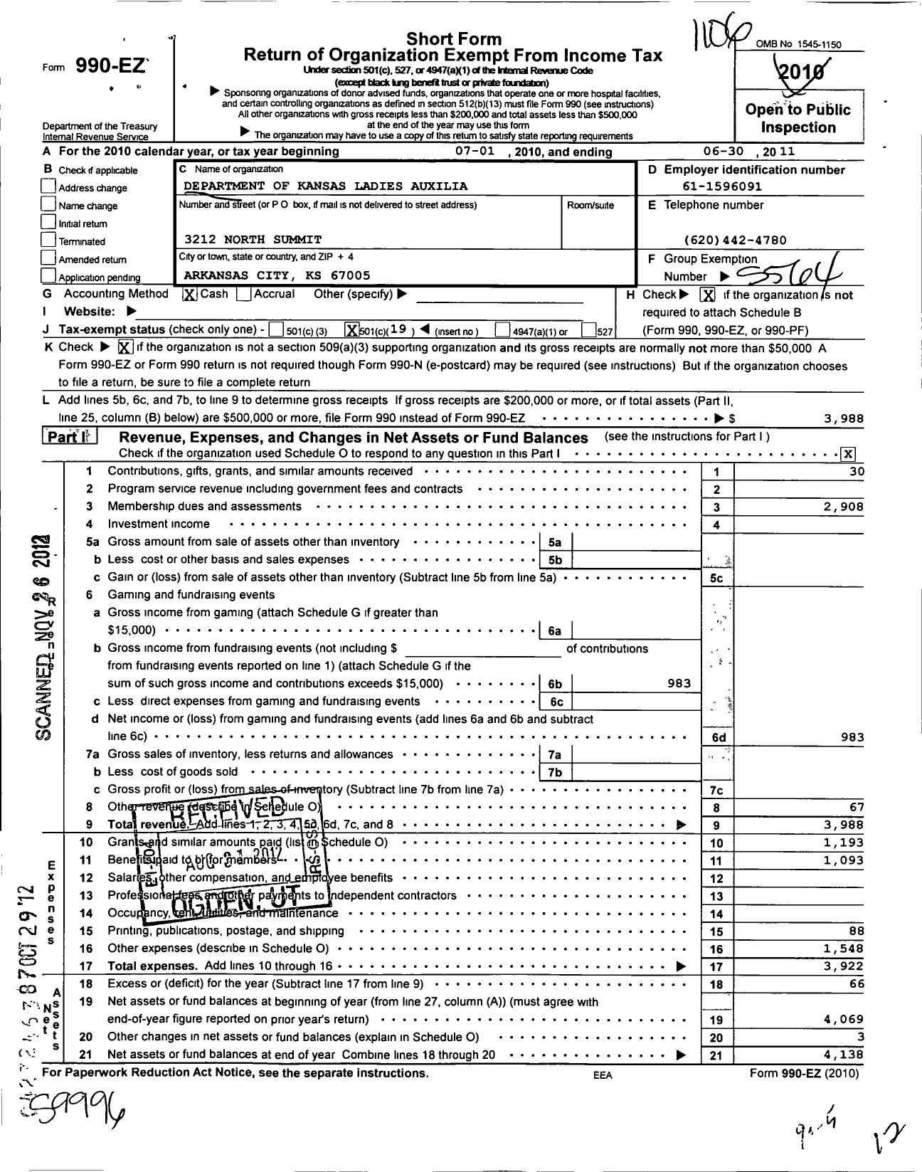 Image of first page of 2010 Form 990EO for Veterans of Foreign Wars Auxiliary Dept of KSW - 1254 VFW Auxiliary To Spencer-Ralston Pos