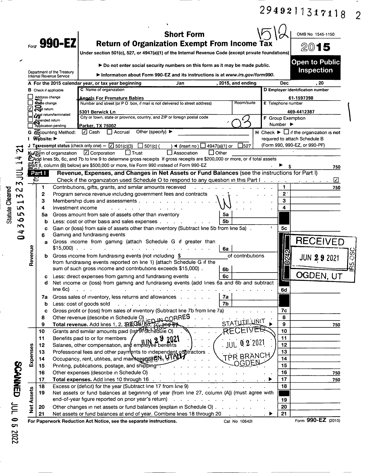 Image of first page of 2015 Form 990EZ for Angels For Premature Babies