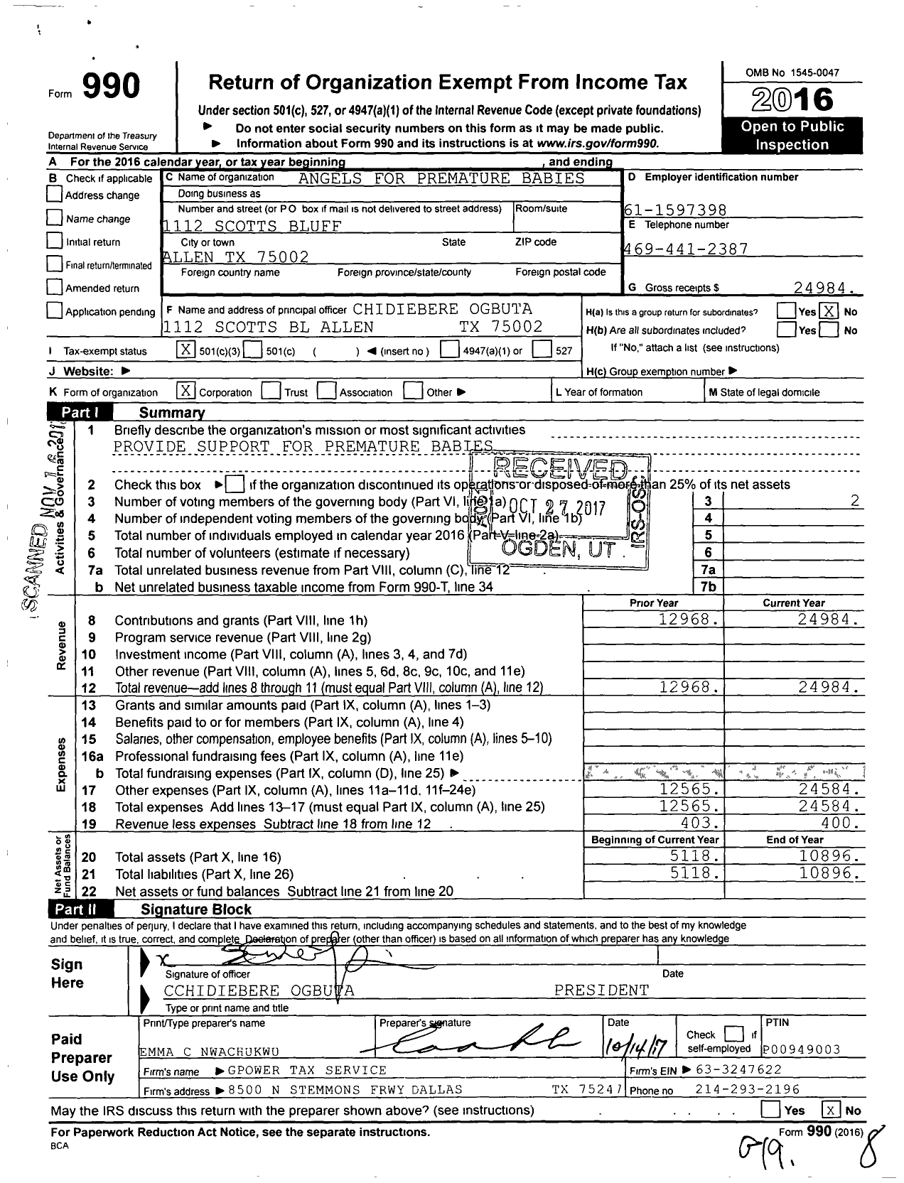 Image of first page of 2016 Form 990 for Angels For Premature Babies