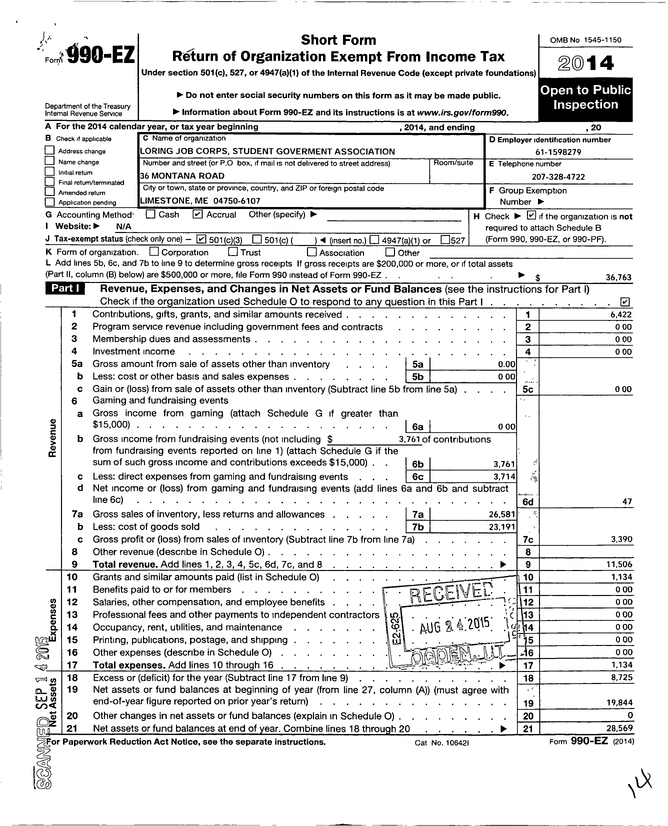 Image of first page of 2014 Form 990EZ for Loring Job Corps Student Goverment Association