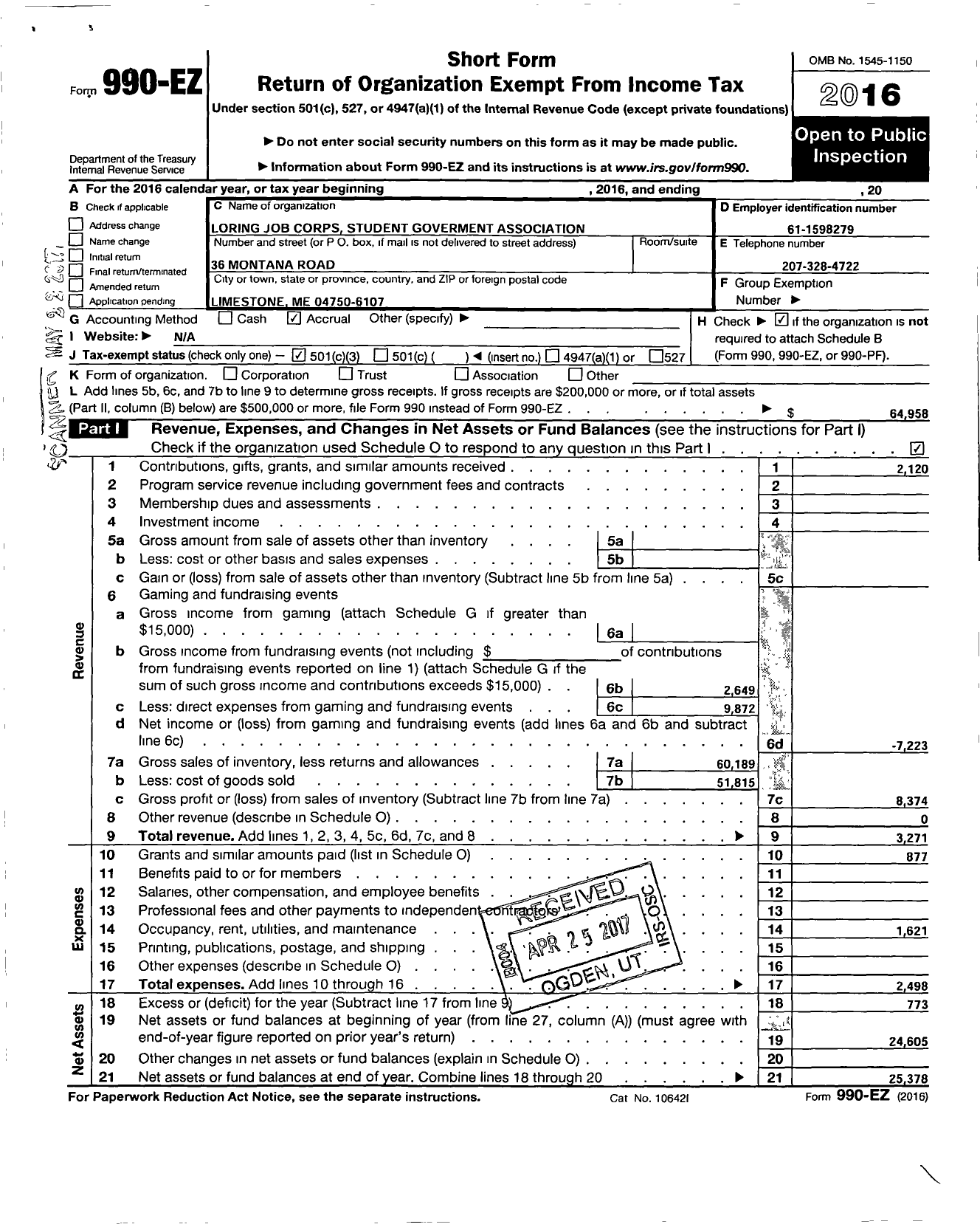 Image of first page of 2016 Form 990EZ for Loring Job Corps Student Goverment Association