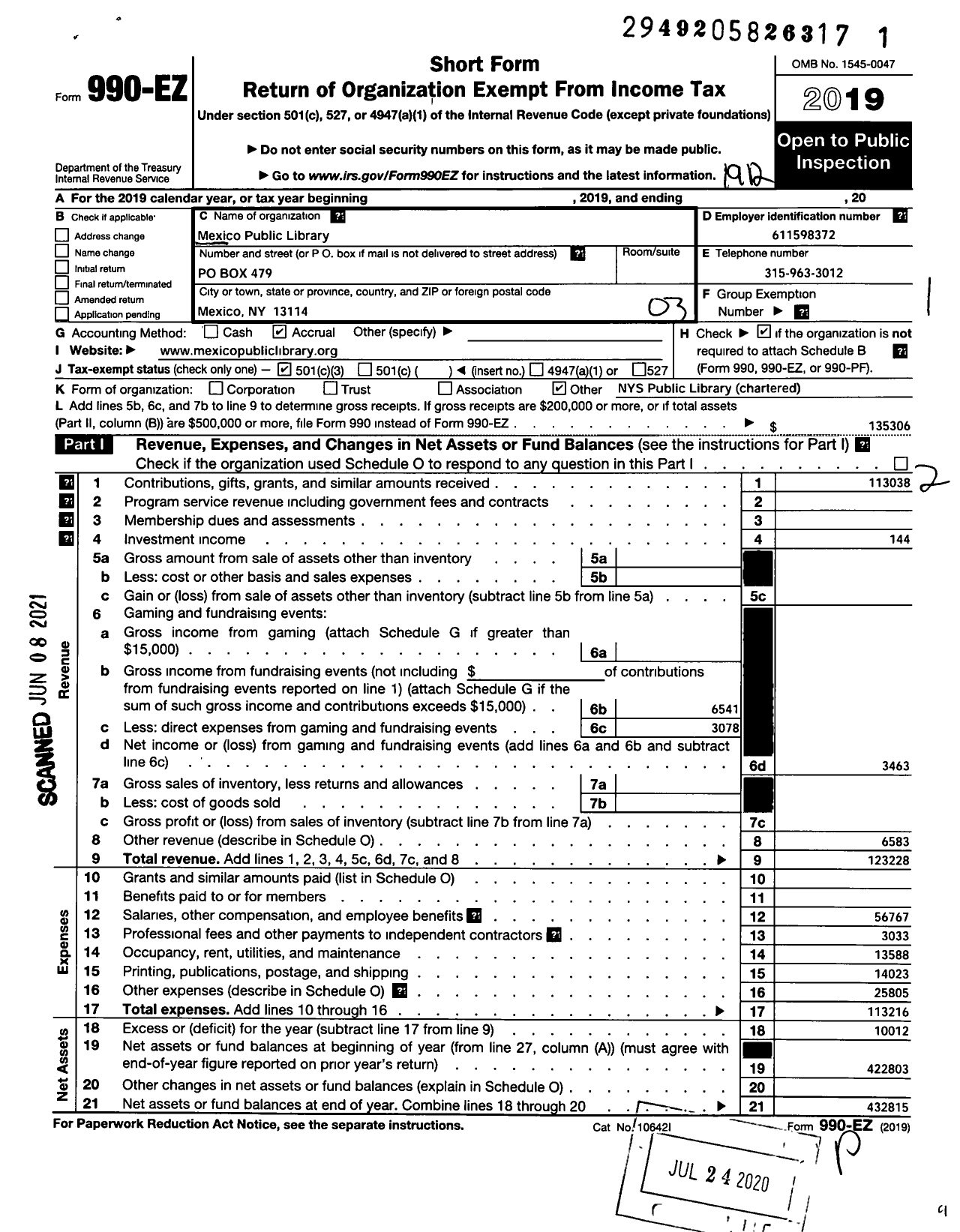 Image of first page of 2019 Form 990EZ for Mexico Public Library