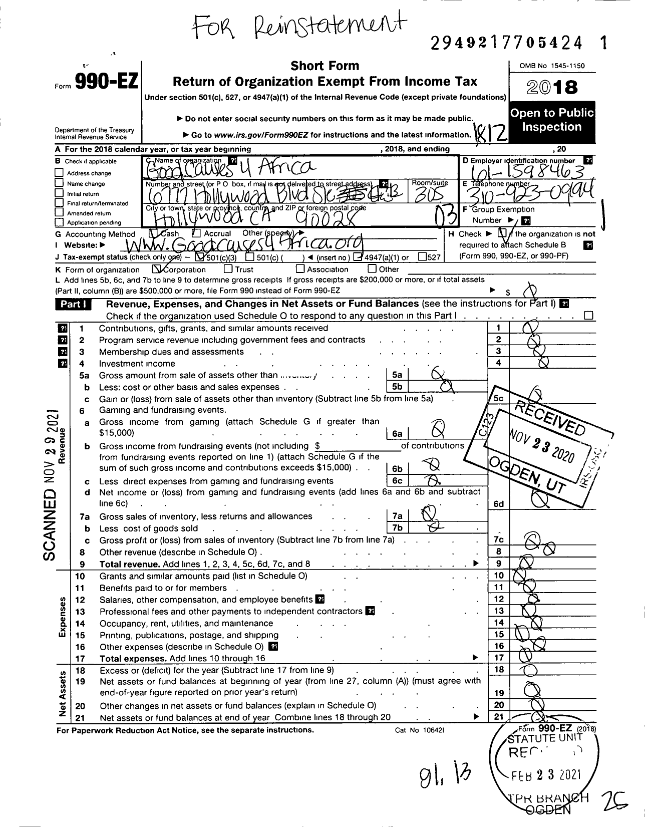 Image of first page of 2018 Form 990EZ for Good Causes 4 America