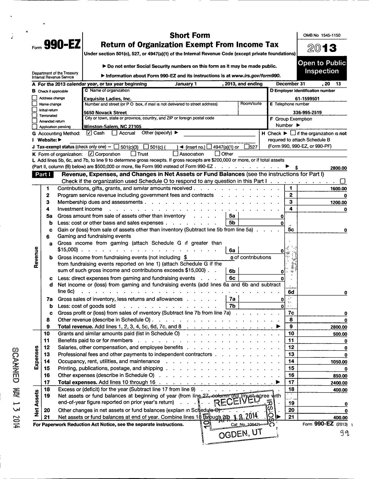 Image of first page of 2013 Form 990EO for Exquisite Ladies