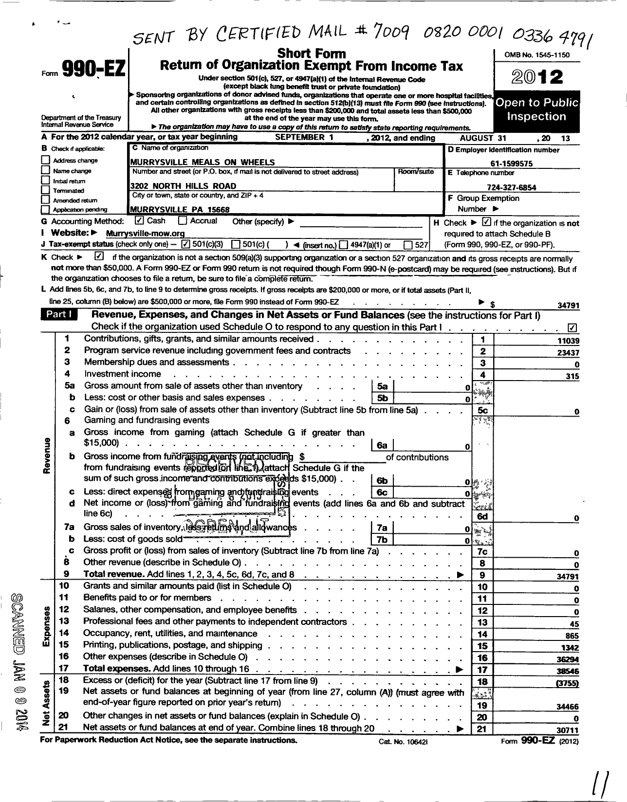 Image of first page of 2012 Form 990EZ for Murrysville Meals on Wheels