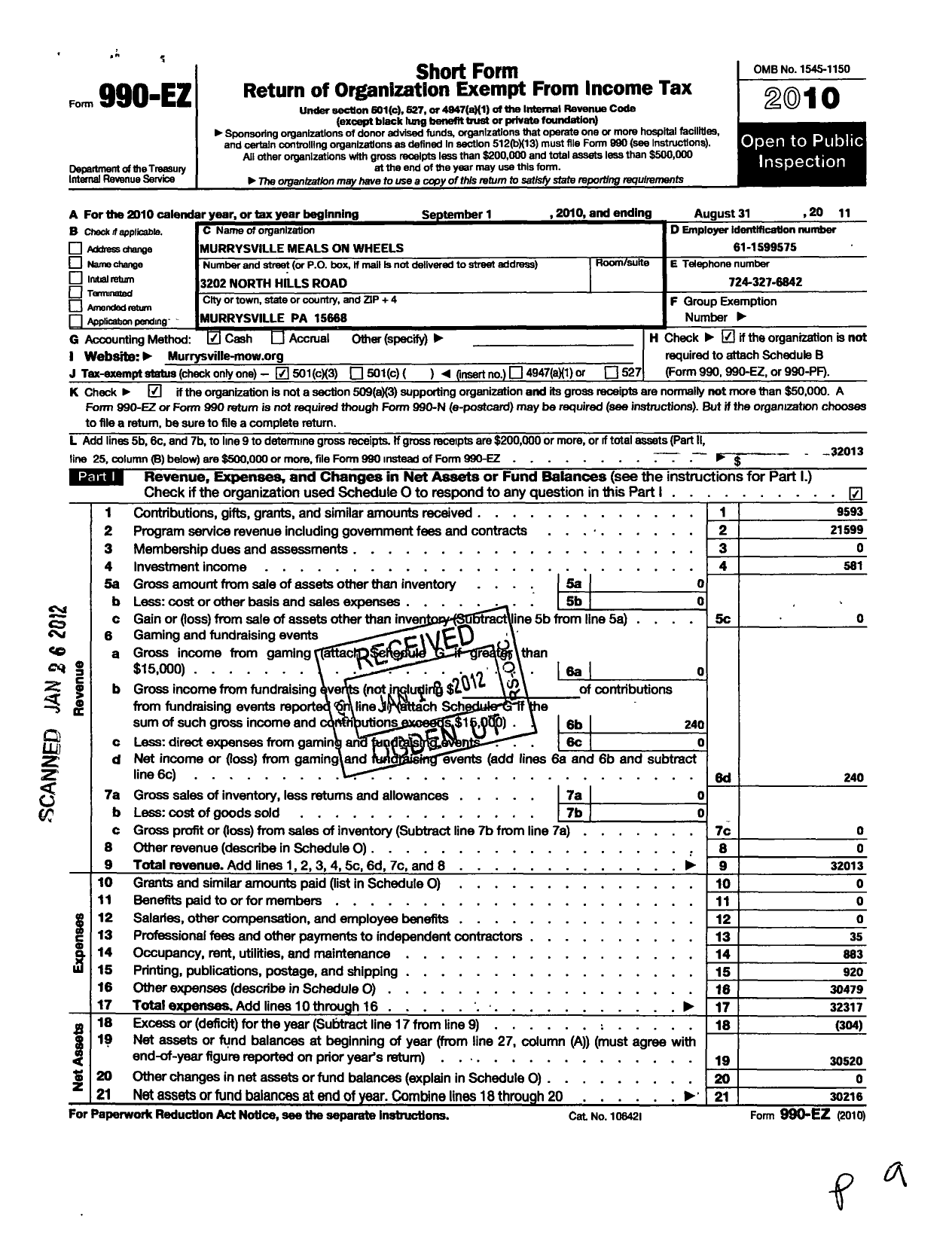 Image of first page of 2010 Form 990EZ for Murrysville Meals on Wheels