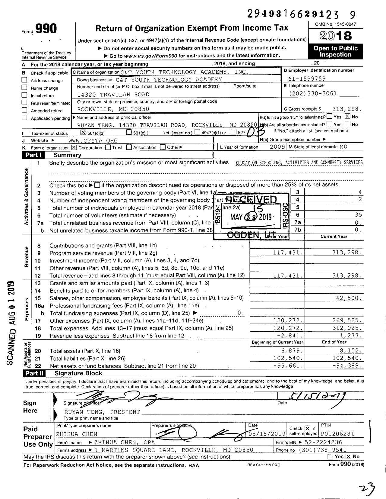 Image of first page of 2018 Form 990 for C and T Youth Technology Academy