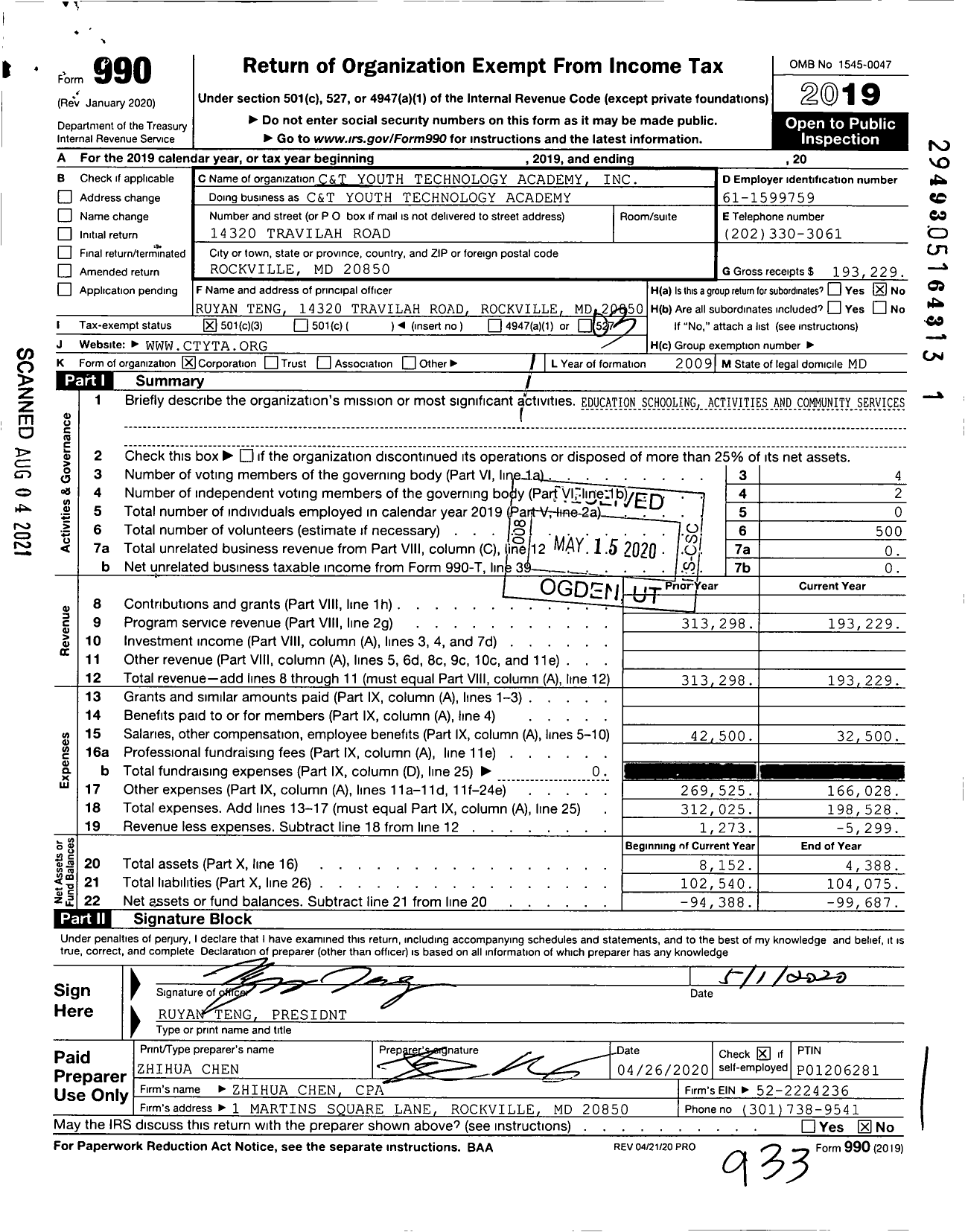 Image of first page of 2019 Form 990 for C and T Youth Technology Academy