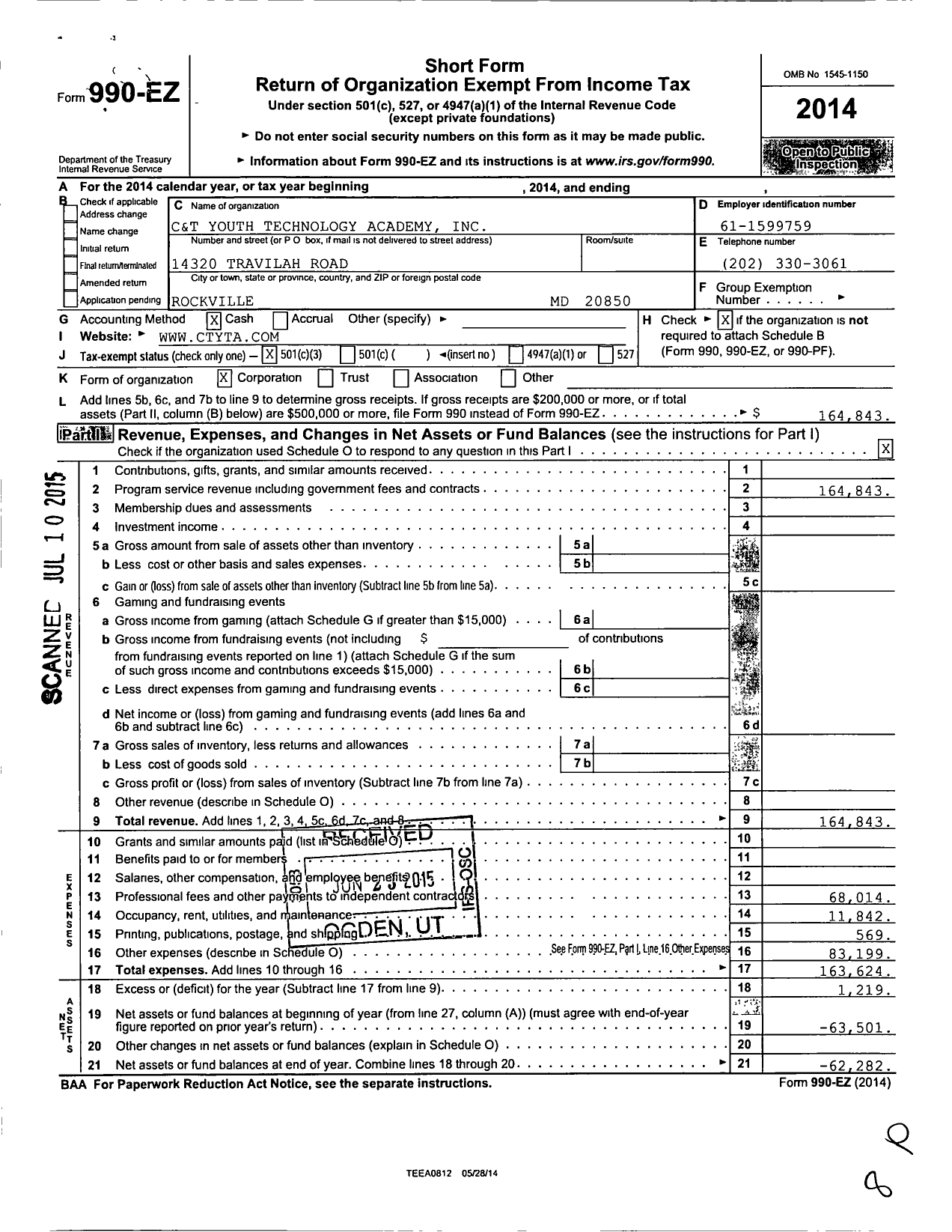 Image of first page of 2014 Form 990EZ for C and T Youth Technology Academy