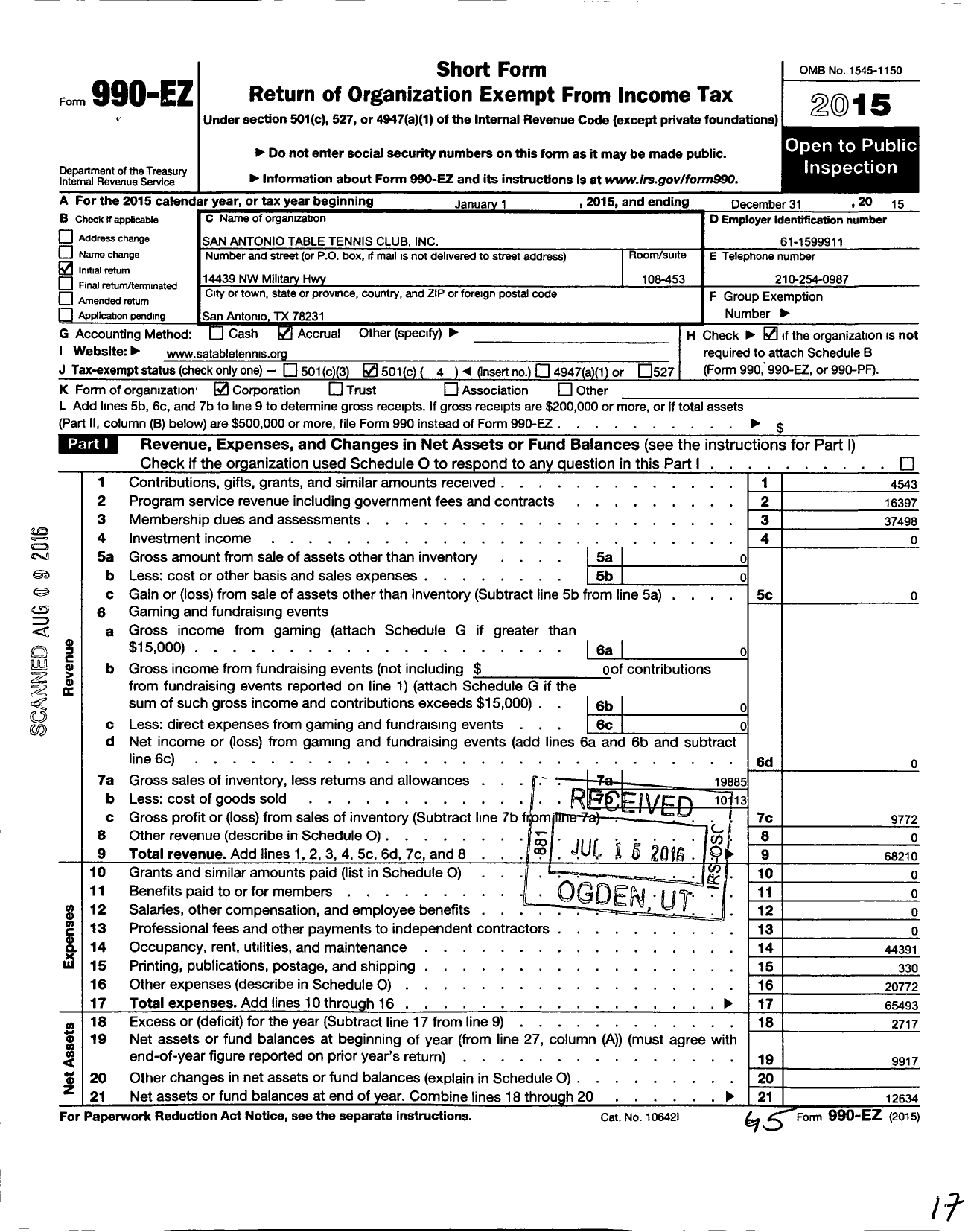 Image of first page of 2015 Form 990EO for San Antonio Table Tennis Club