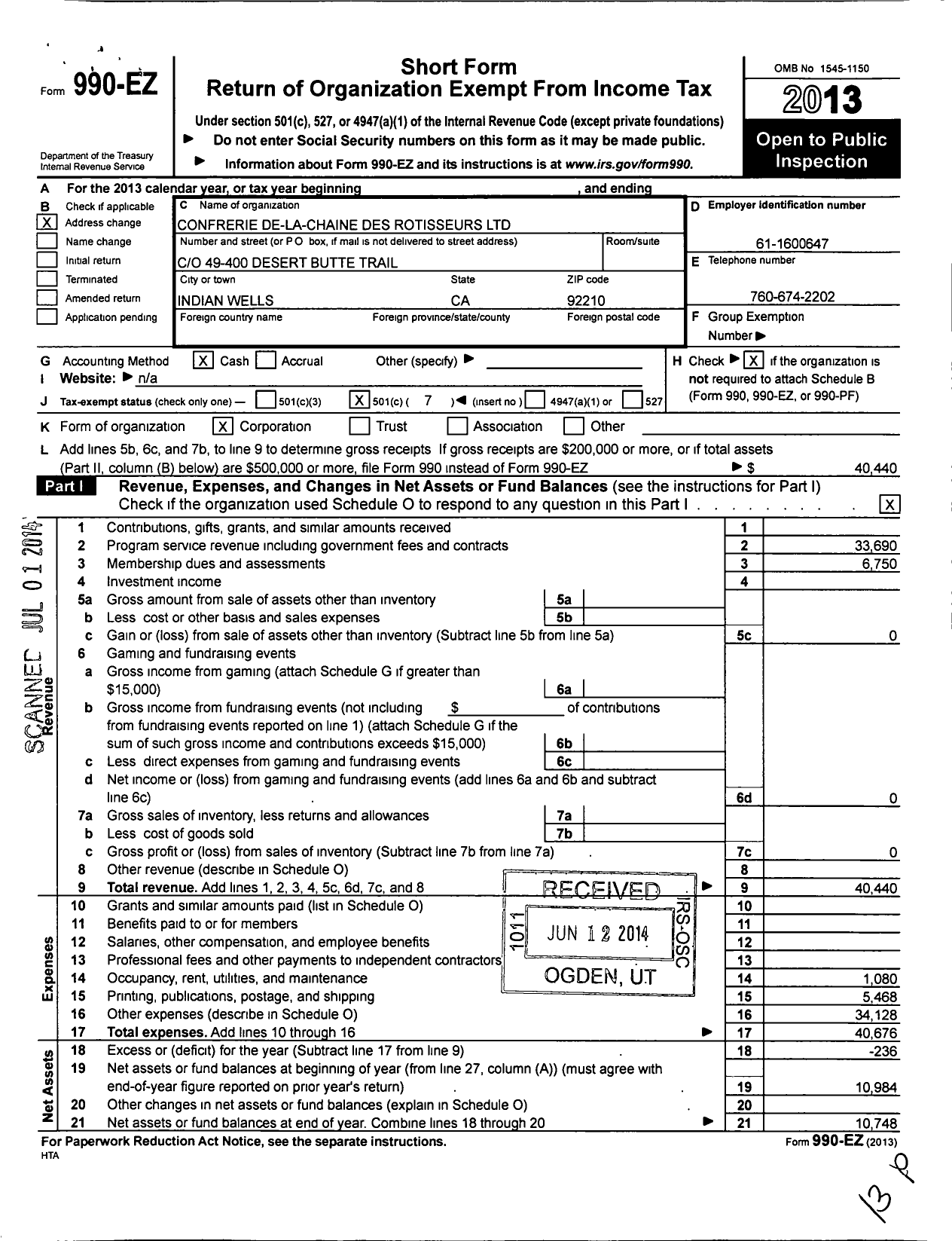 Image of first page of 2013 Form 990EO for Confrerie De-La-Chaine Des Rotisseurs / Palm Springs Bailliage