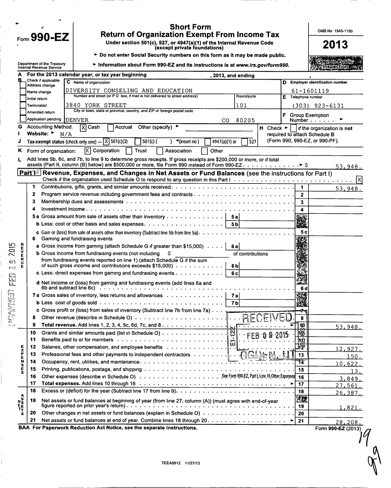 Image of first page of 2013 Form 990EZ for Diversity Counseling and Education Center