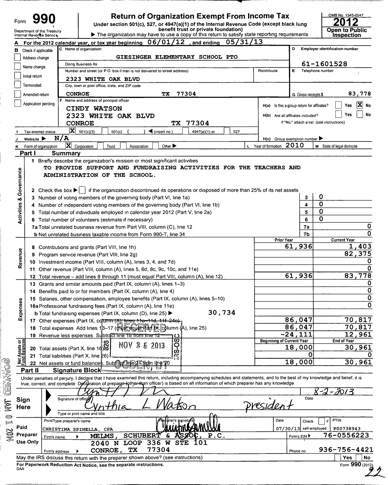 Image of first page of 2012 Form 990 for Cisd Educational Support Groups / Giesigner Elementary School Pto