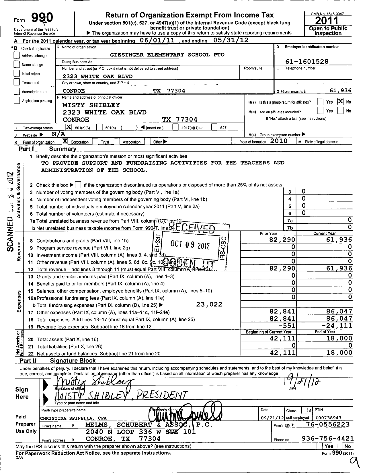 Image of first page of 2011 Form 990 for Cisd Educational Support Groups / Giesigner Elementary School Pto