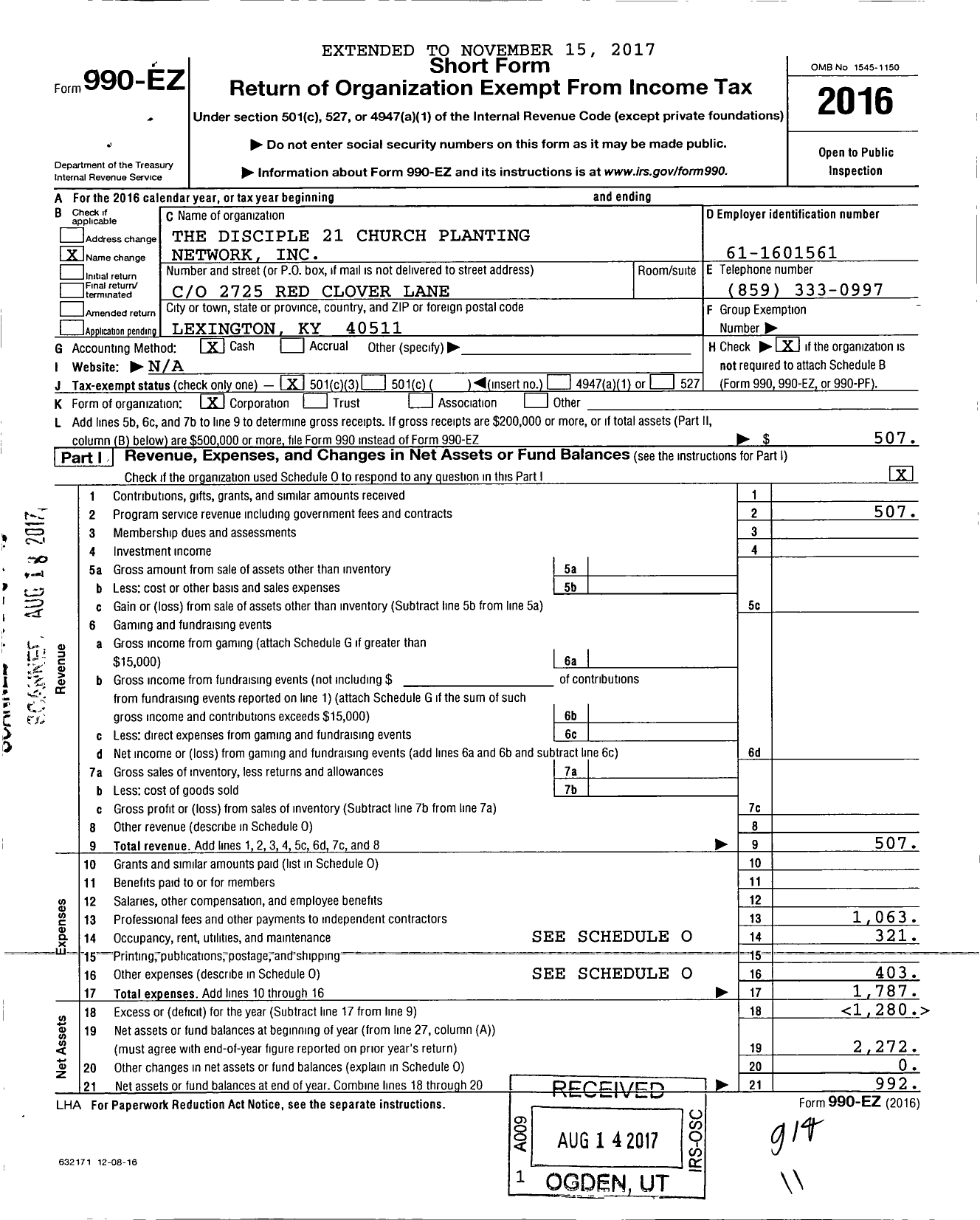 Image of first page of 2016 Form 990EZ for The Disciple 21 Church Planting Network