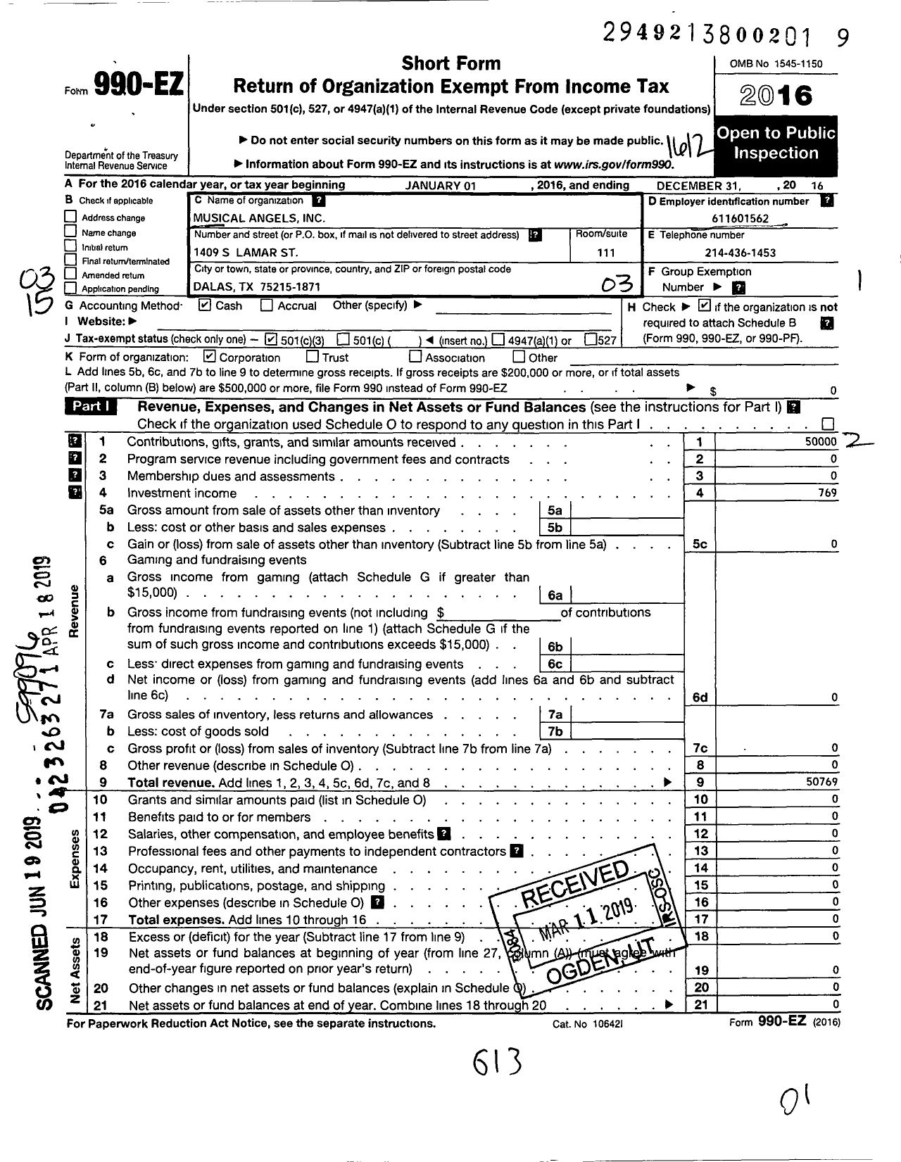 Image of first page of 2016 Form 990EZ for Musical Angels