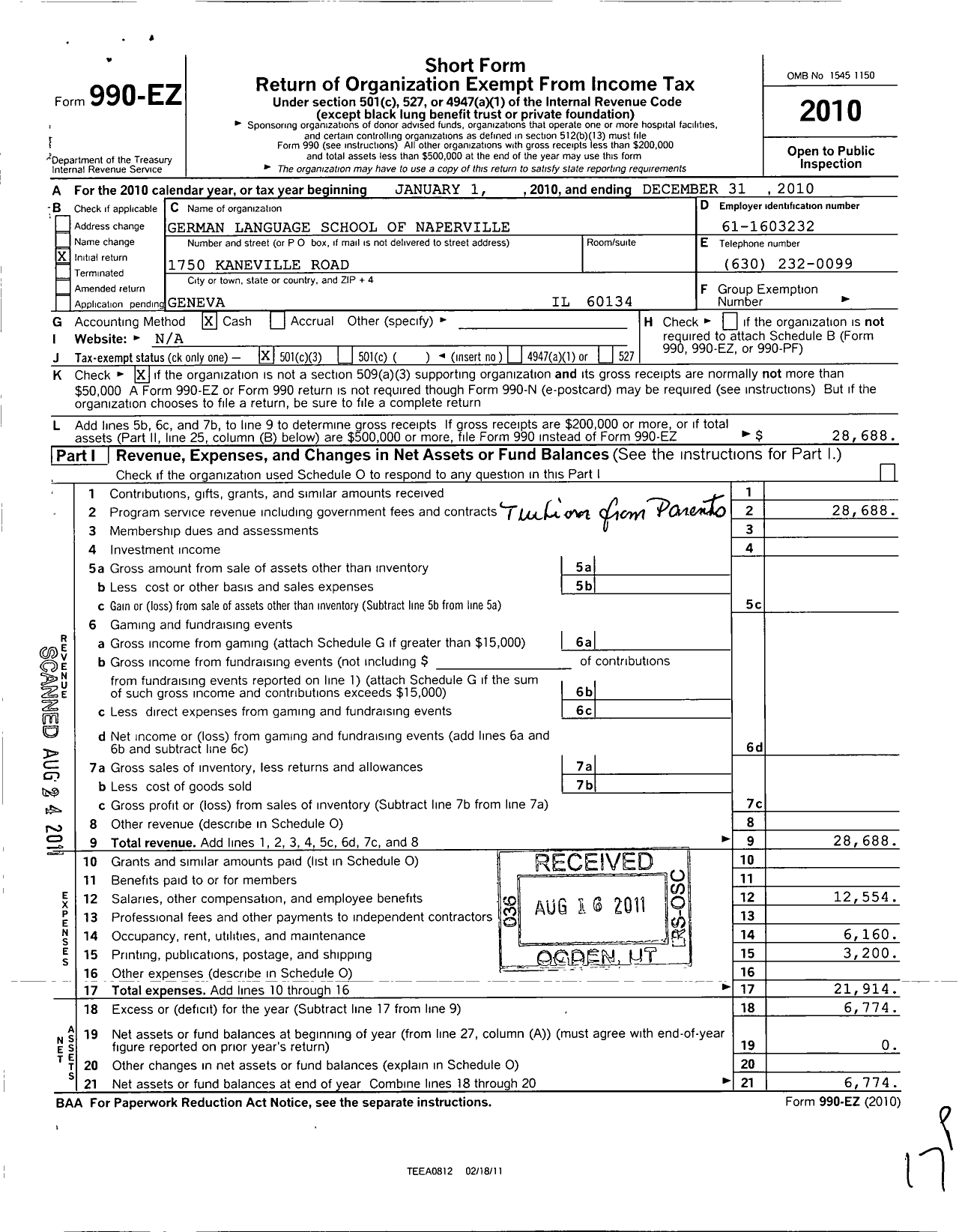 Image of first page of 2010 Form 990EZ for German Language School of Naperville