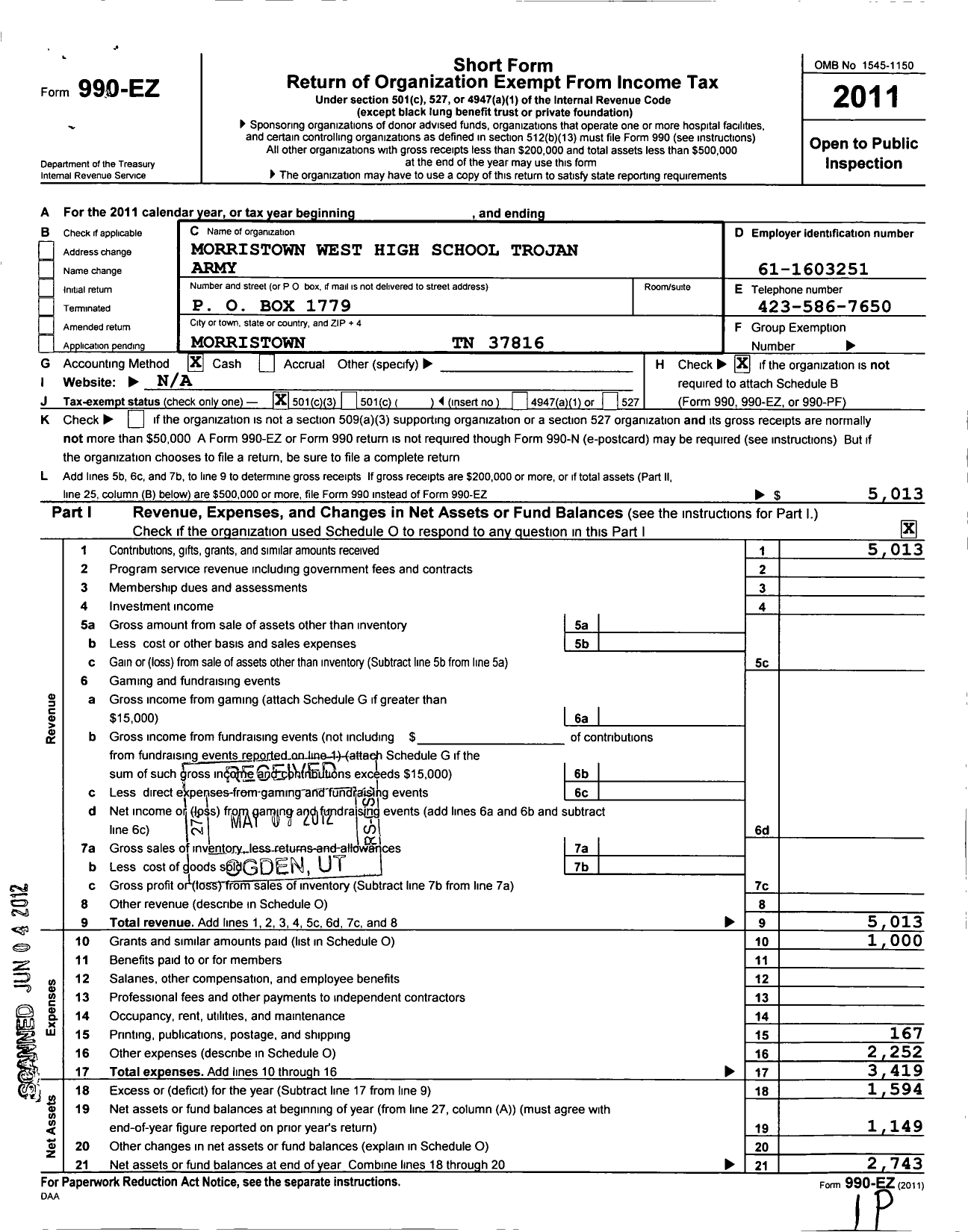 Image of first page of 2011 Form 990EZ for Morristown West High School Trojan Army