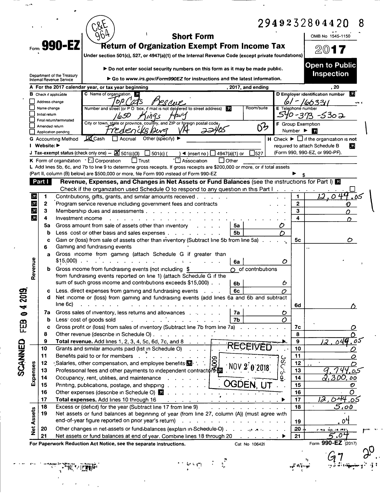 Image of first page of 2017 Form 990EZ for Topcats Rescue