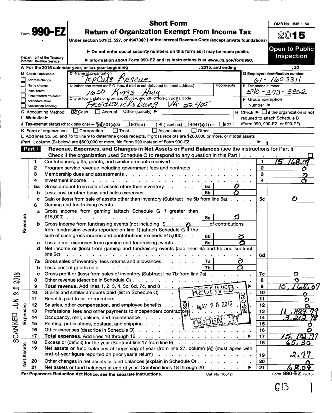 Image of first page of 2015 Form 990EZ for Topcats Rescue