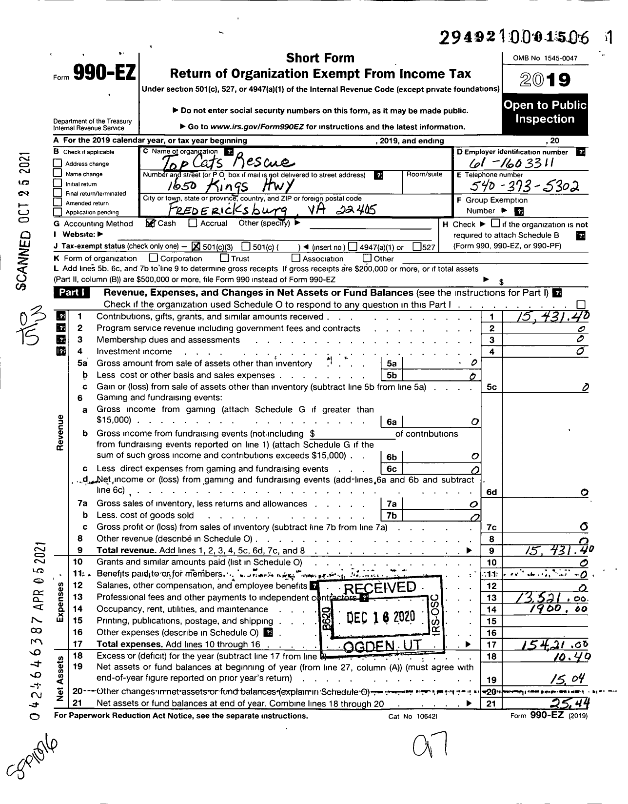 Image of first page of 2019 Form 990EZ for Topcats Rescue