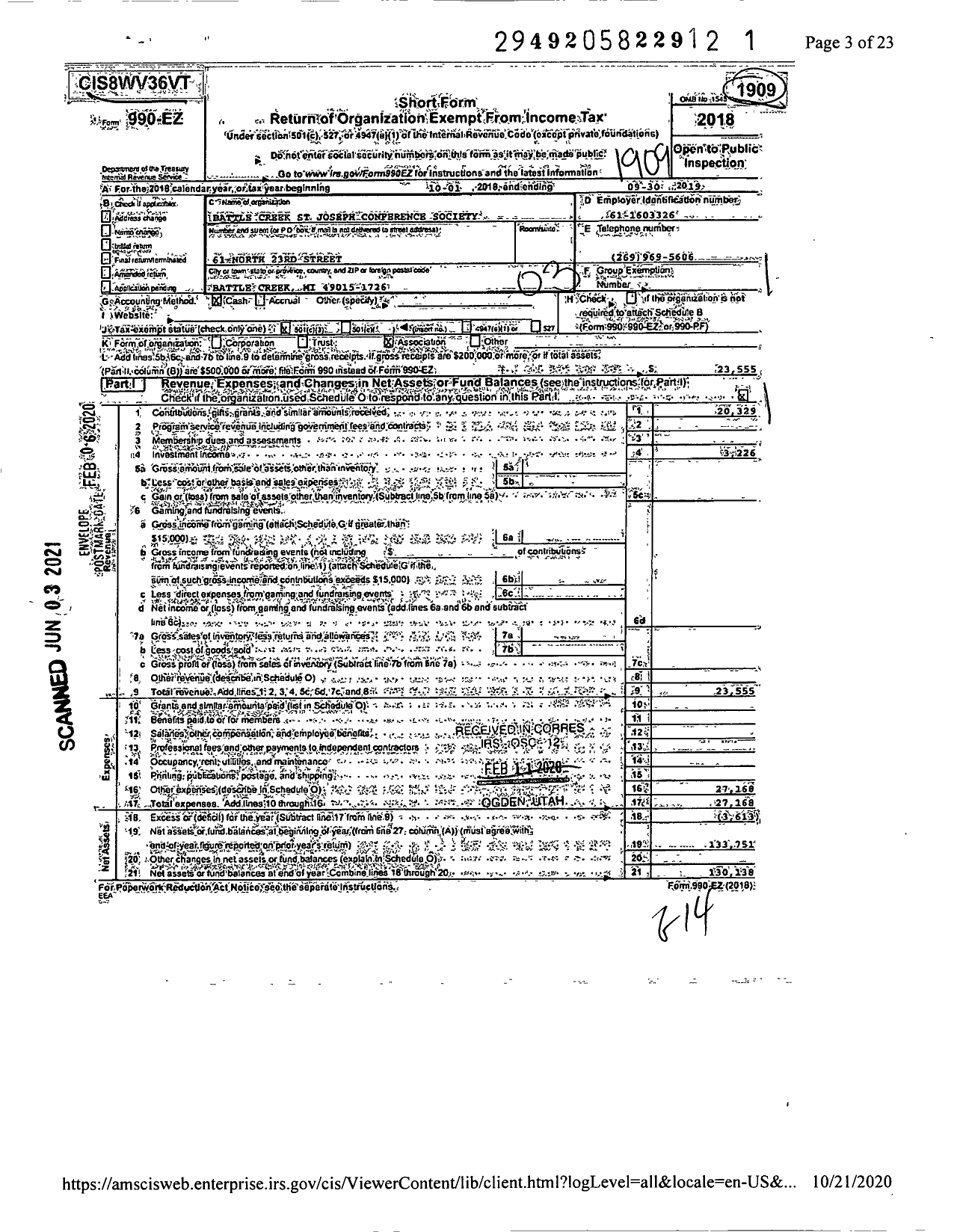 Image of first page of 2018 Form 990EZ for Battle Creek St Joseph Conference Society