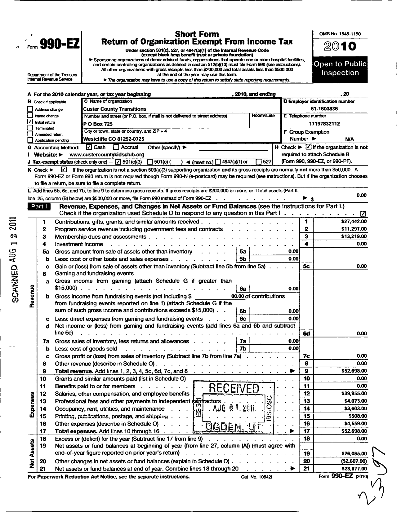 Image of first page of 2010 Form 990EZ for Custer County Transitions