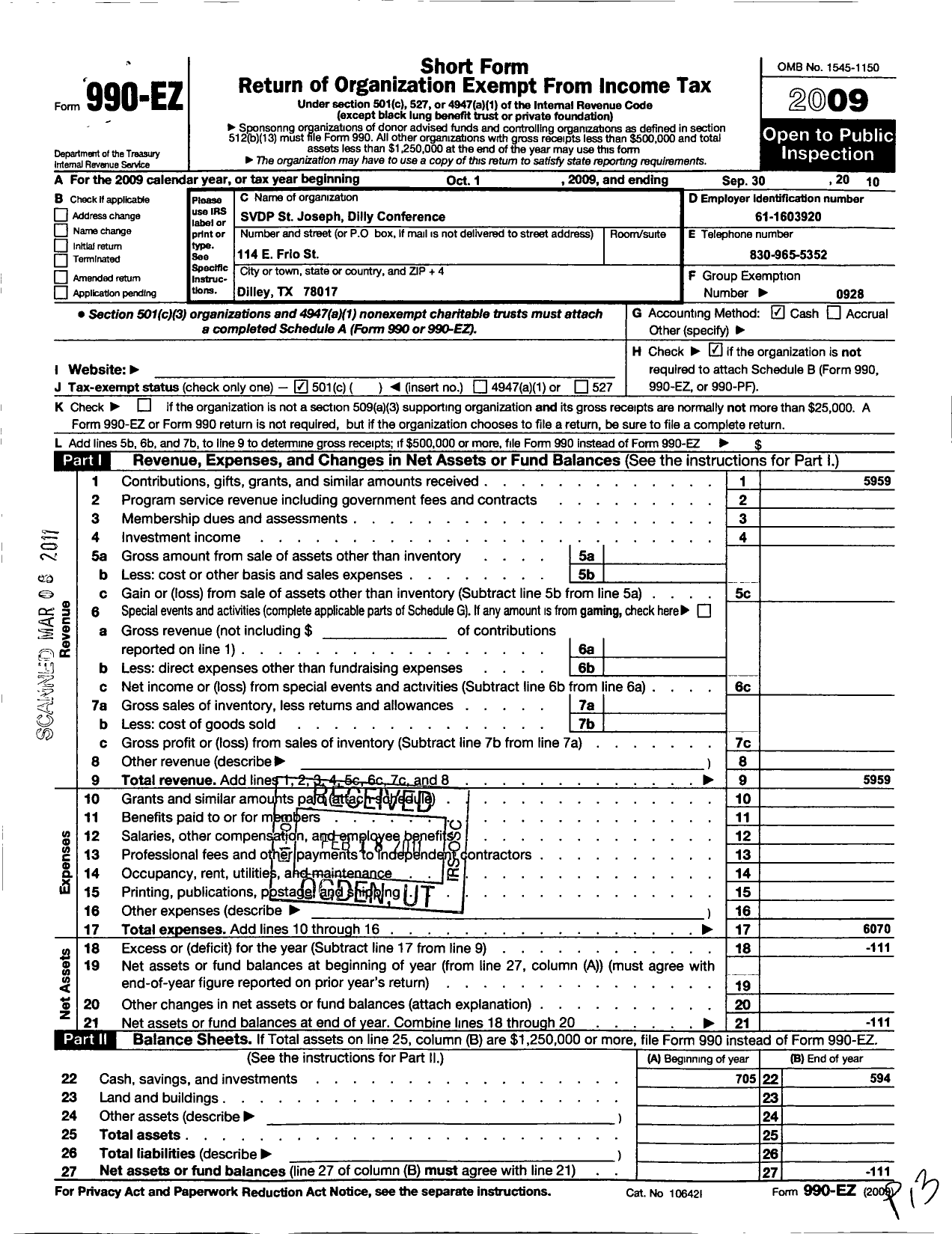 Image of first page of 2009 Form 990EO for St Joseph Dilley Conference