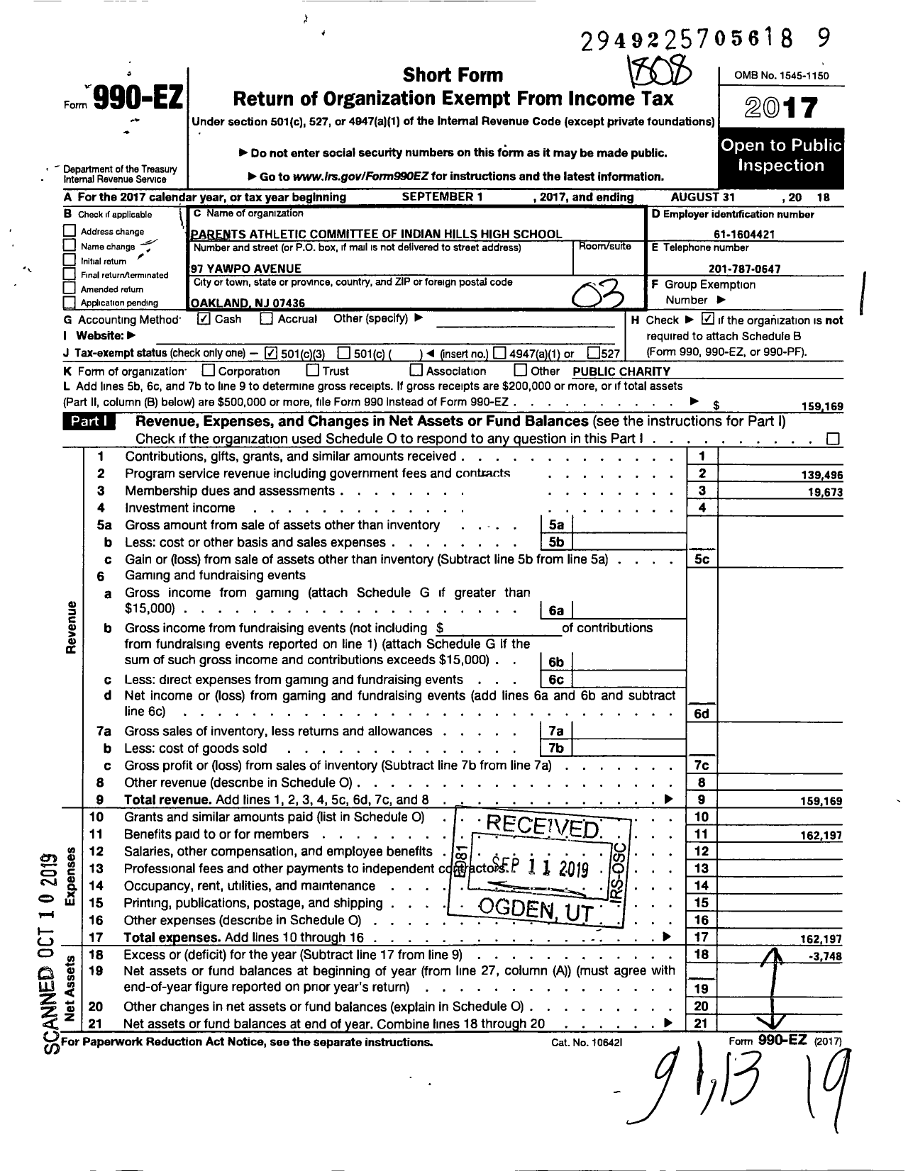 Image of first page of 2017 Form 990EZ for Parents Athletic Committee of Indian Hills HS