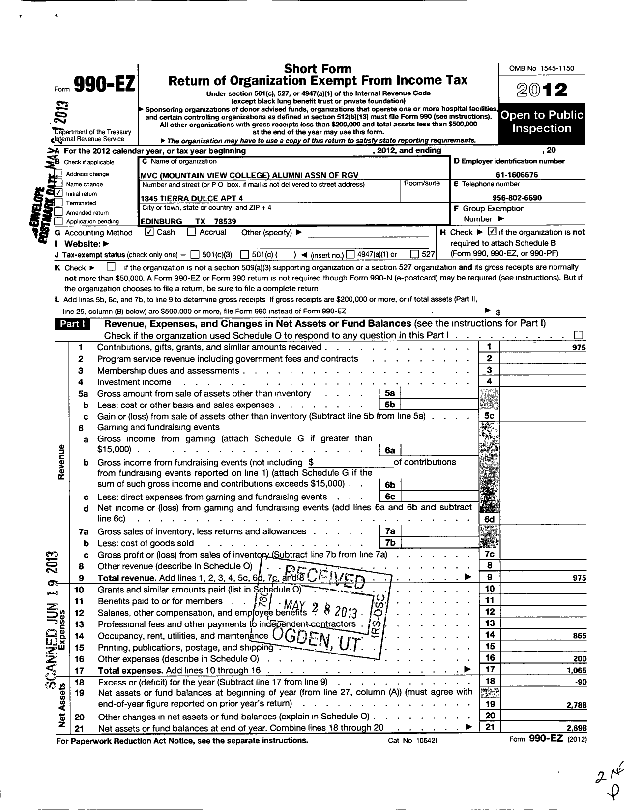 Image of first page of 2012 Form 990EO for MVC Alumni Association of RGV