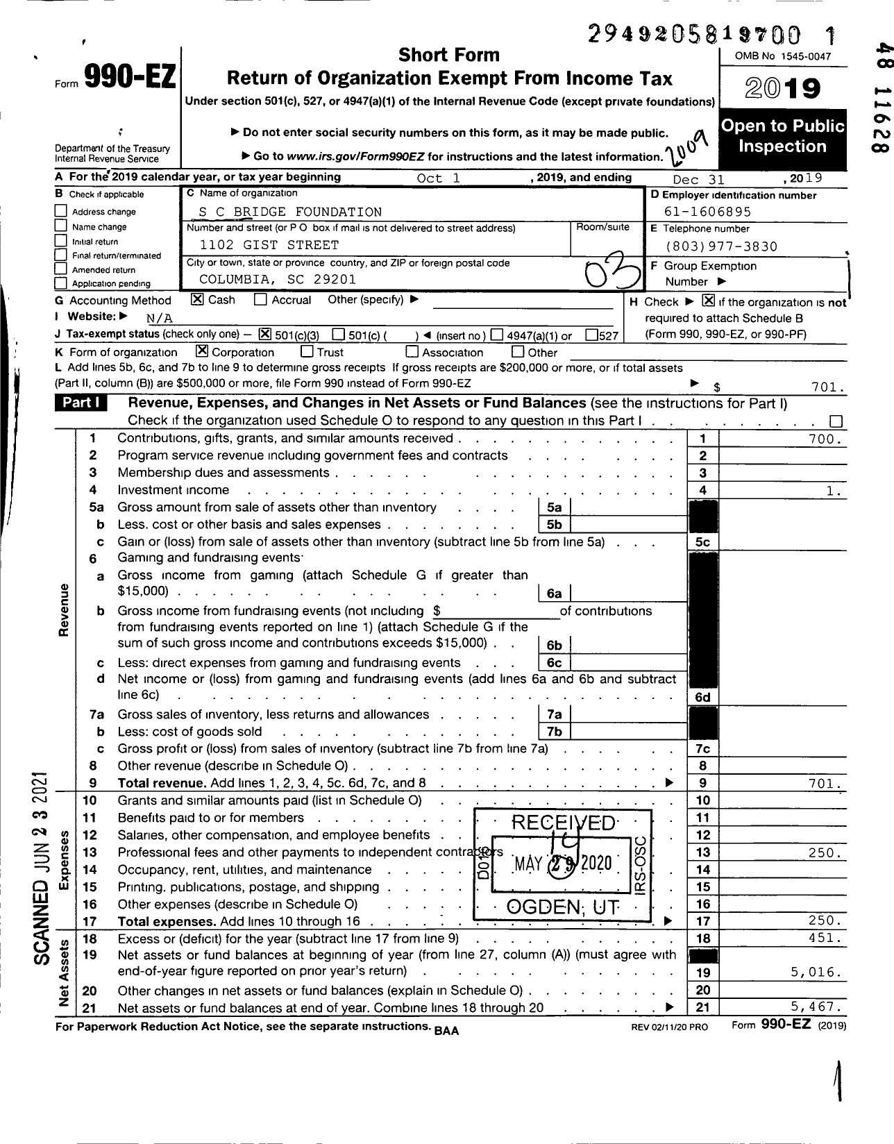 Image of first page of 2019 Form 990EZ for South Carolina Bridge Foundation